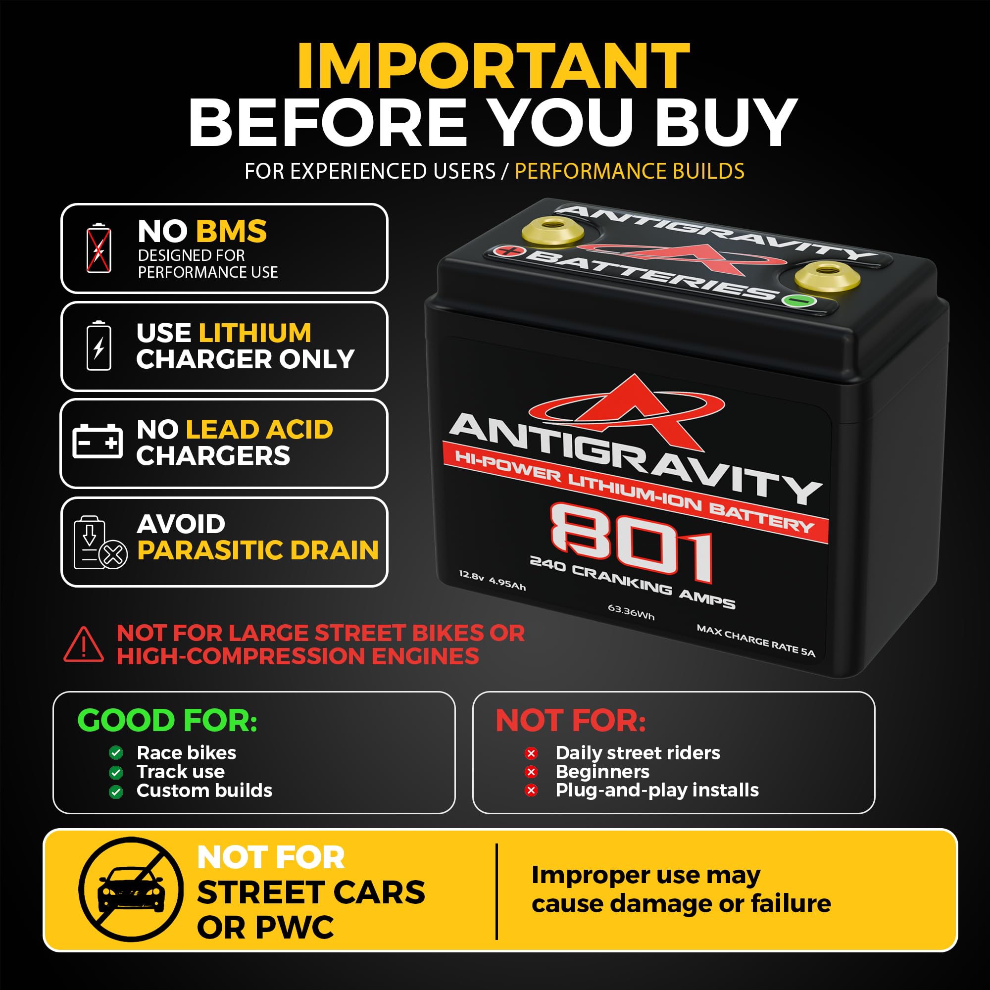 Antigravity Batteries AG-801 Small Case Lithium Starter Battery Lightweight High-Cranking Battery for Performance Motorcycles & Powersports No BMS product thumbnail 7
