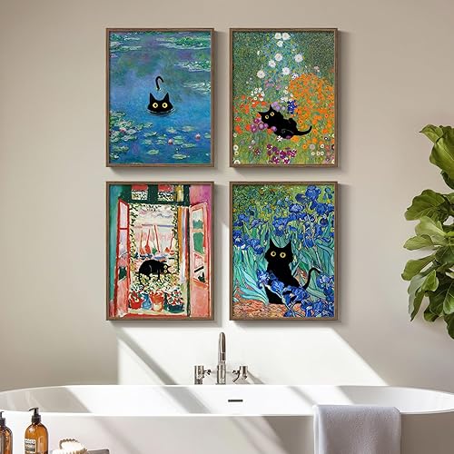 Miniatura 20 de Arte de pared divertido de vaca de las tierras altas enmarcado para baño, 4 piezas de divertidos animales, impresiones artísticas azul marino, linda