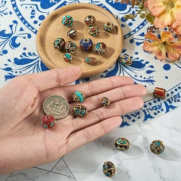 FASHEWELRY 20Pcs Tibetan Style Brass Bohemia Vintage Beads - Synthetic Turquoise Metal Bead Antique Golden Plated Round Oval Barrel Retro Spacer Beads for Jewelry Making Bracelet Necklace DIY Crafts