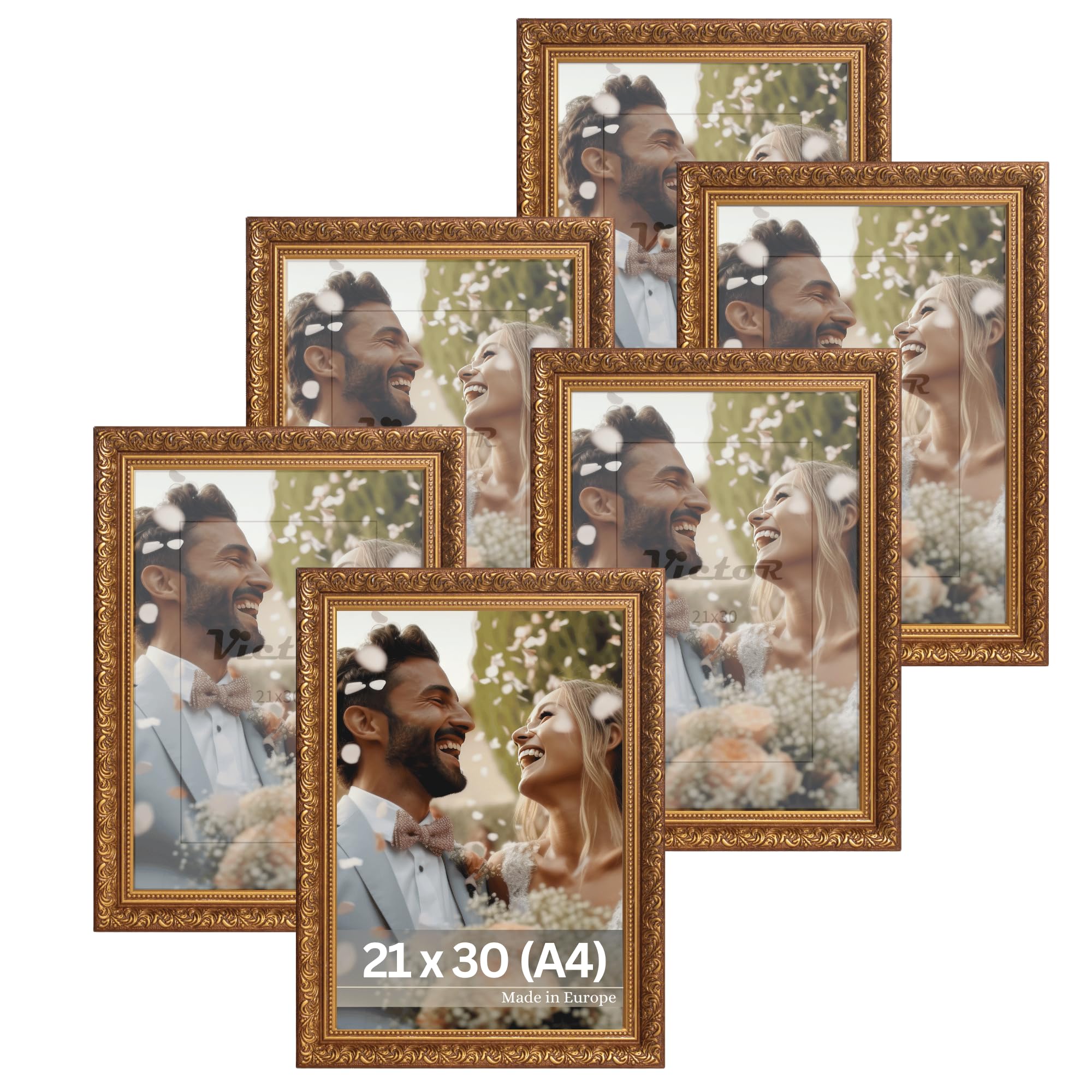 VictoR Ramka na zdjęcia w stylu vintage "Rubens" zestaw 6 szt. 21 x 30 cm (A4) brązowo-złota - rama: 30 x 20 mm - prawdziwe szkło - ramka na zdjęcia barokowa - antyk - zestaw ramek na zdjęcia A4