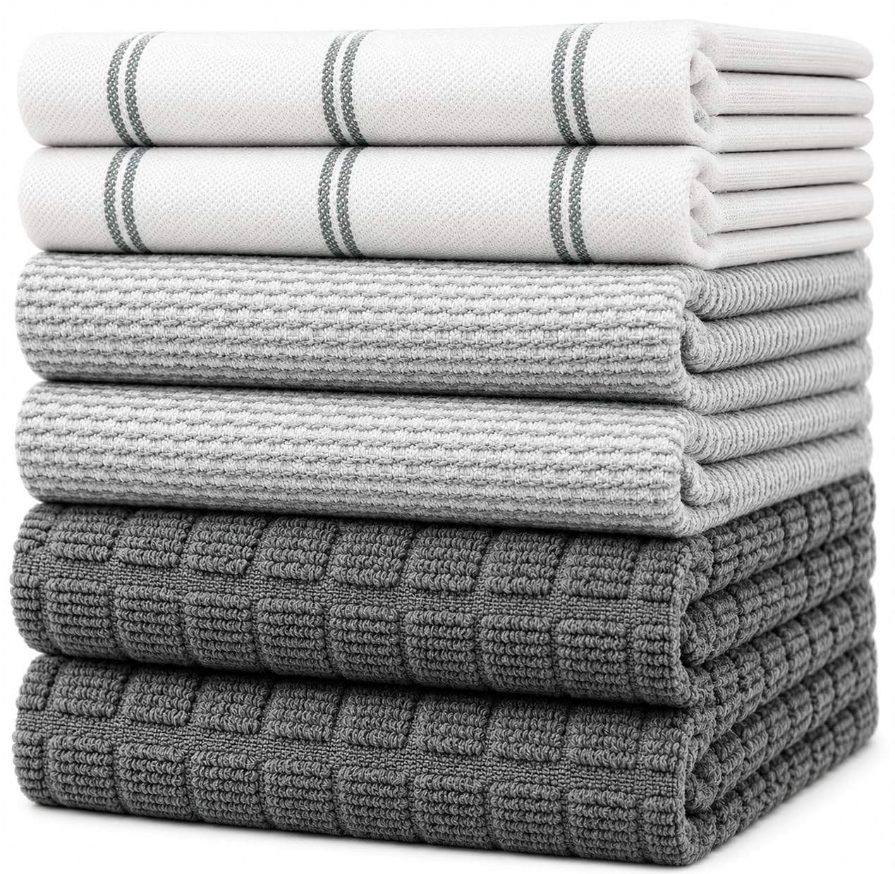Bumble Küchenhandtücher - Geschirrhandtücher Handtücher Baumwolle – 6er Pack – XL Größe 50 x 70 cm – Edle, Weiche und Robuste Ringspinnbaumwolle in 3 Verschiedenen Texturen (Grau)