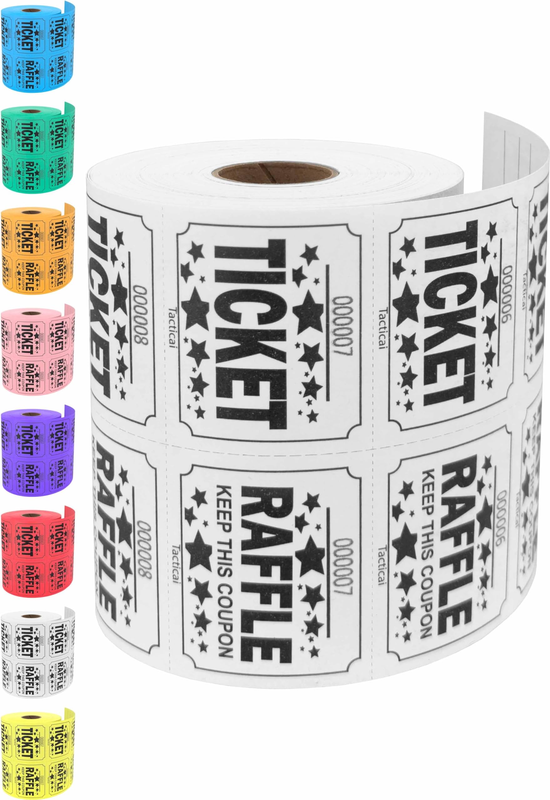 Tacticai 500 Raffle Tickets, White (8 Color Selection), Double Roll, Large Ticket for Events, Entry, Class Reward, Fundraiser & Prizes
