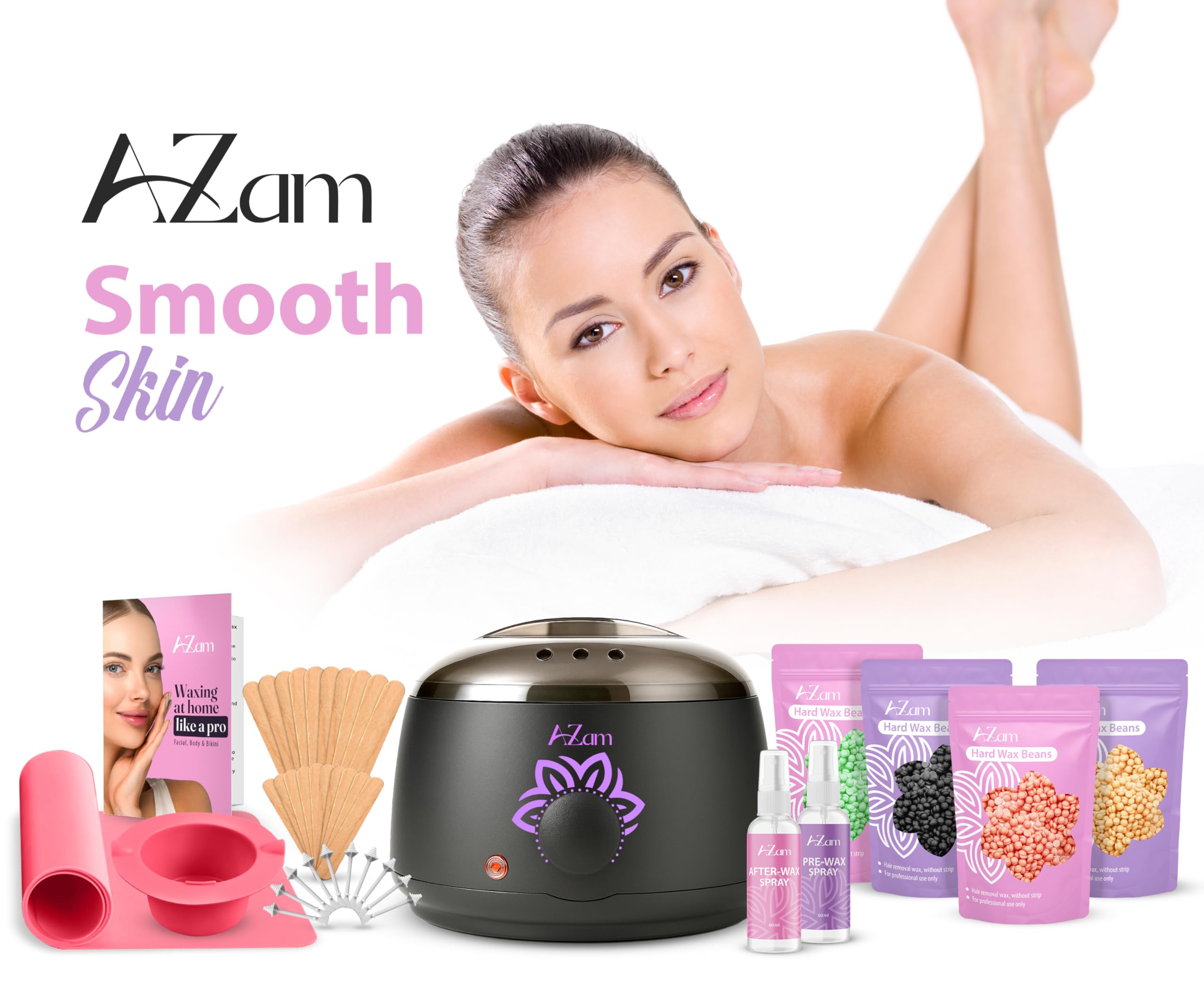 AZam Kit completo de depilación para el hogar: incluye calentador de cera profesional, 4 perlas de cera, carcasa de silicona, 2 aceites de tratamiento y accesorios para el cabello corporal completo.