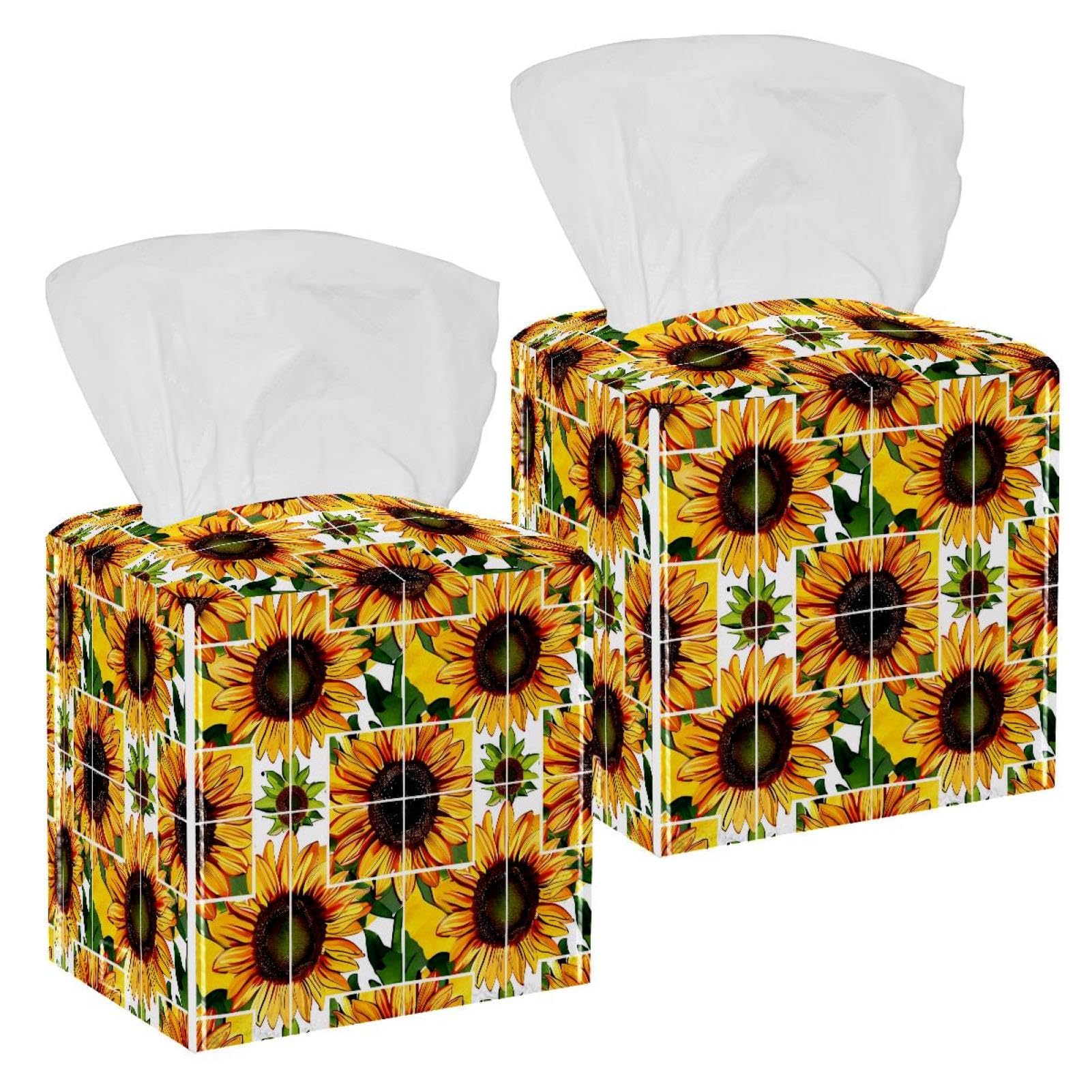 Sunflowers Tissue Box Cover, 2 Pack PU Leather Square Facial Tissue Dispenser Box holder for Home Office Car