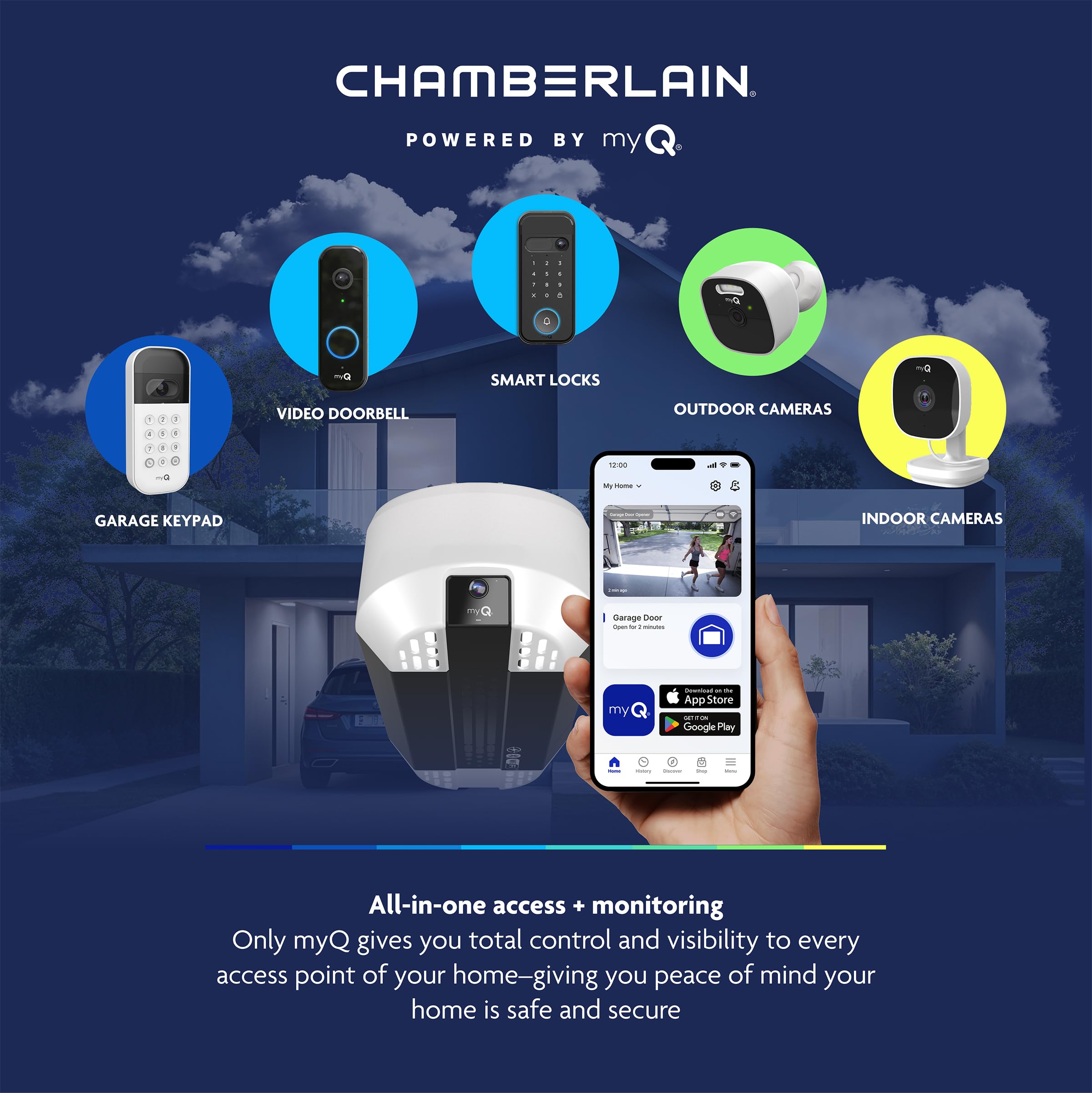 Chamberlain - Ouvre-porte de garage intelligent avec caméra fixe, batterie de secours, éclairage à 2 ampoules et connectivité myQ