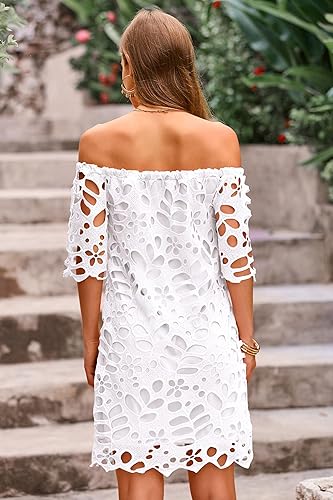 Miniatura 5 de PRETTYGARDEN - Mini vestido de encaje con manga corta suelta, hombros descubiertos, estilo clásico floral, para mujer, holgado, y elegante.