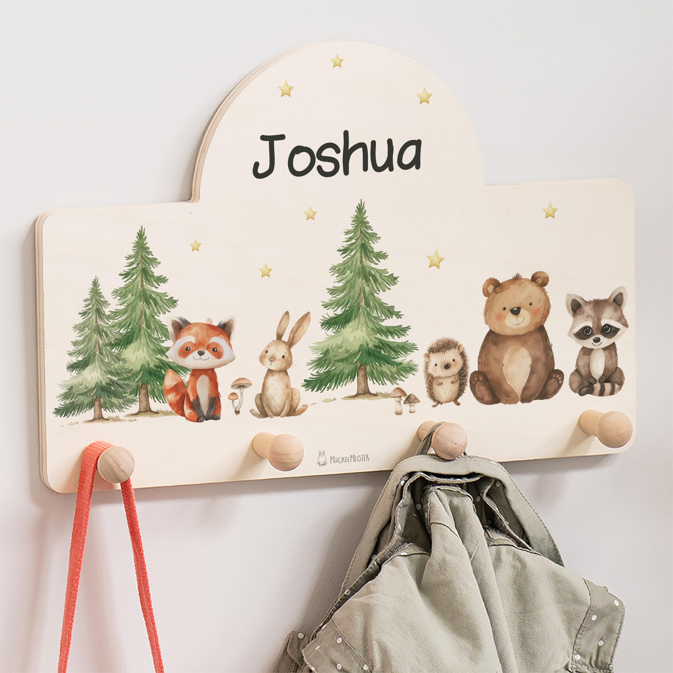 Geschenkfreude Personalsierte Kindergarderobe mit Namen aus Holz - Kinder Garderoben Waldtiere - einzigartige Kinderzimmer Deko - Wandgarderobe - Baby Garderobe - Kleiderhaken für Kinder