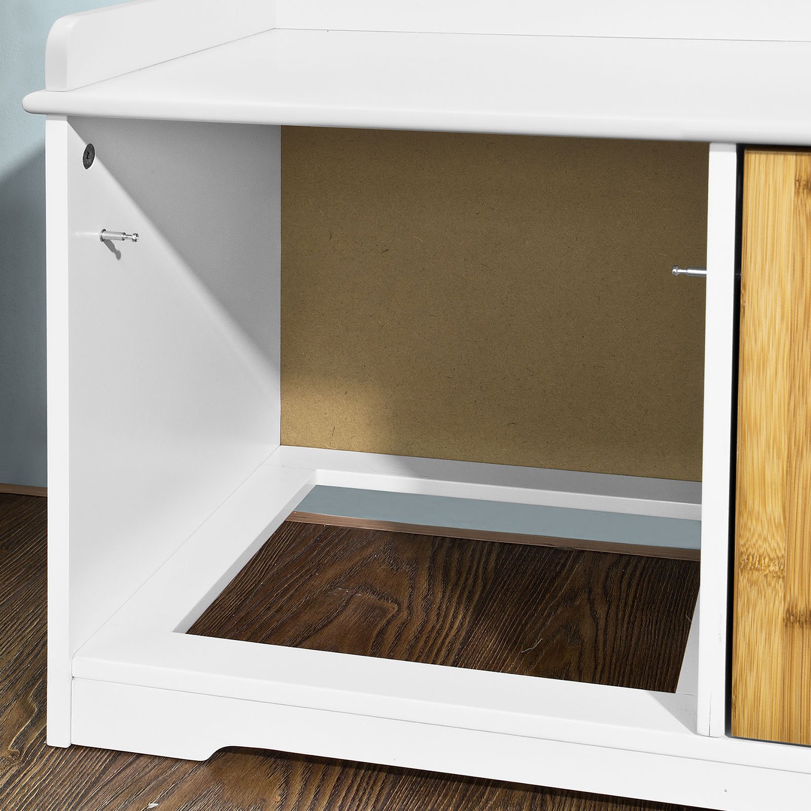 SoBuy Banco Zapatero con Asiento, Banco Almacenaje con 3 Cubos y Cojín Acolchado – Banco Entrada Recibidor Natural y Blanco, 105 x 35 x 43 cm, Soporta 150kg – FSR23-WN
