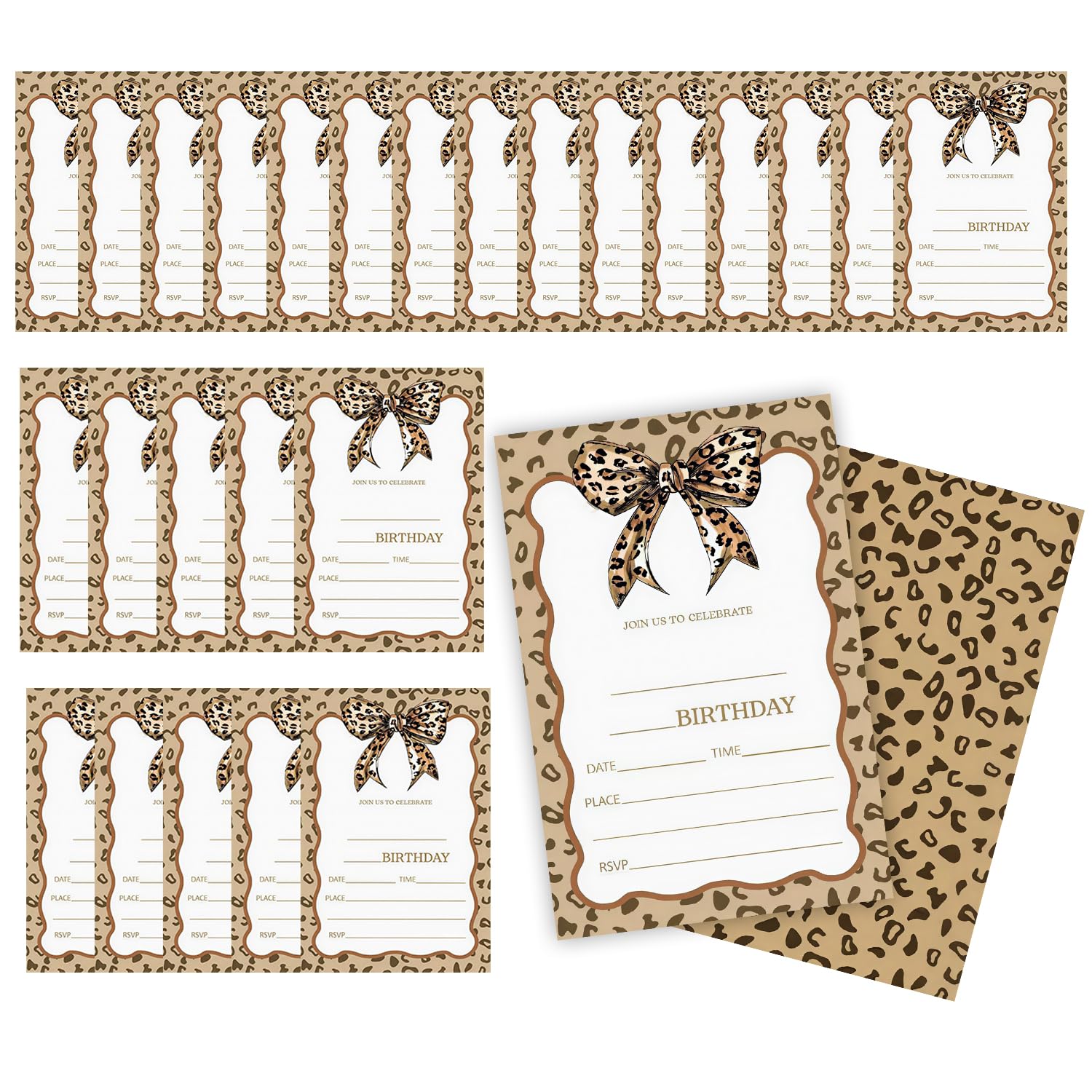 25 Pcs Leopard Bow Birthday Party Invites, Party Invitations Kids with Cute Leopard Pattern and Bow Decoration, Birthday Invitations for Girls, for Birthday Party Invitations, Themed Party Invites