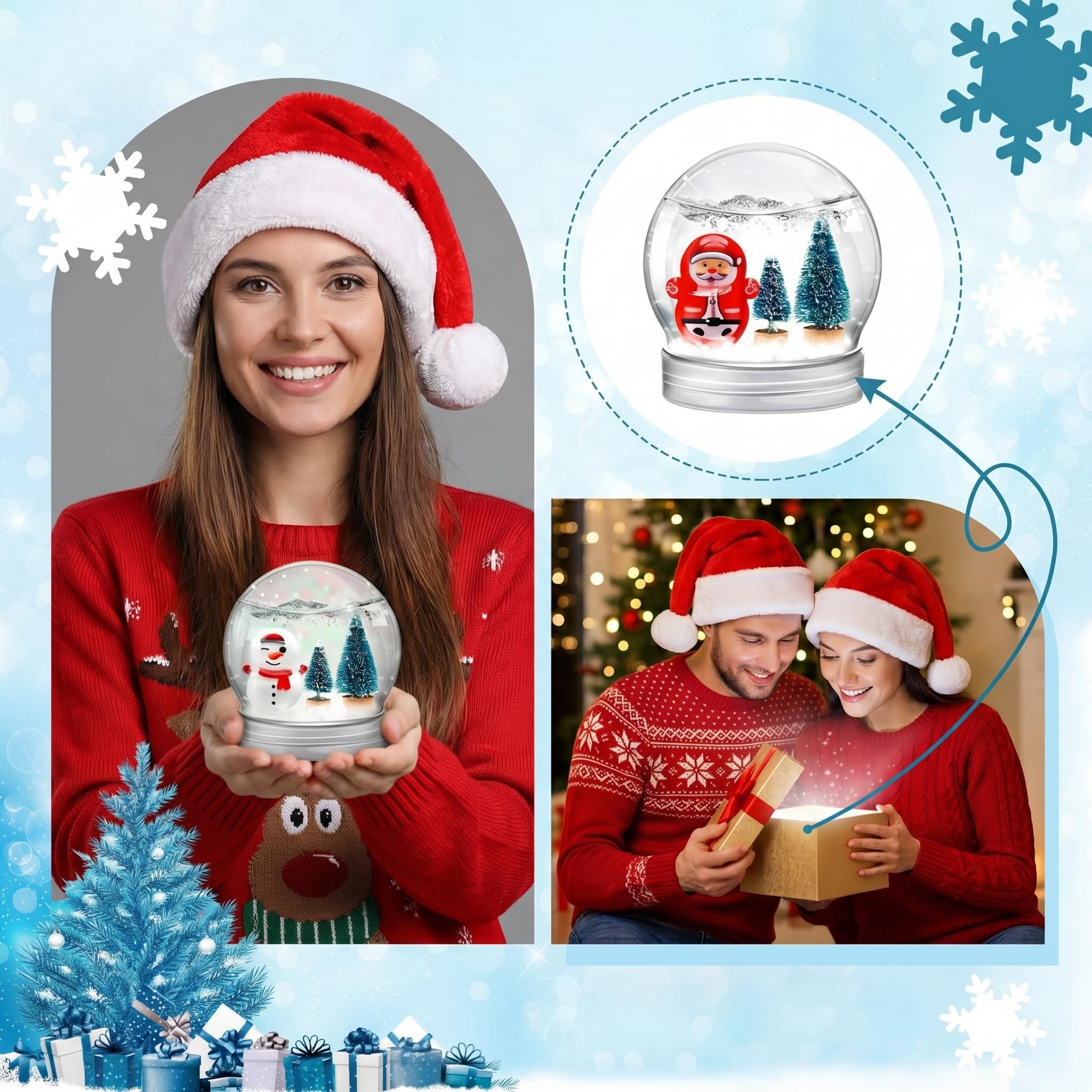 Libima Lot de 48 boules à neige en plastique comprenant 48 boules à neige transparentes, 96 mini arbres de Noël, 48 bonhomme de neige miniature et Père Noël avec neige artificielle pour loisirs