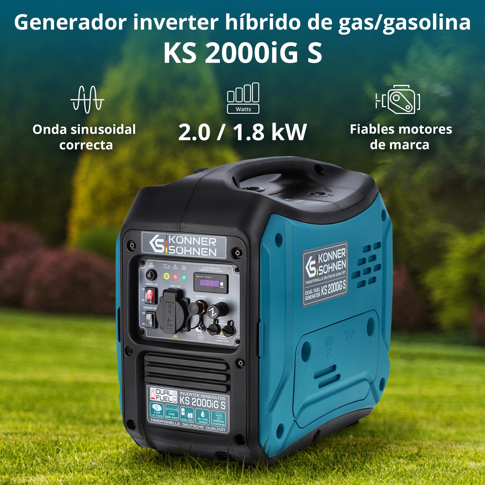 Generador inverter híbrido gas/gasolina Könner & Söhnen KS 2000iG S, 2000 W, carcasa insonorizada (62 dB), Schuko 230V, LED, modo eco, cobre, protección, EURO 5