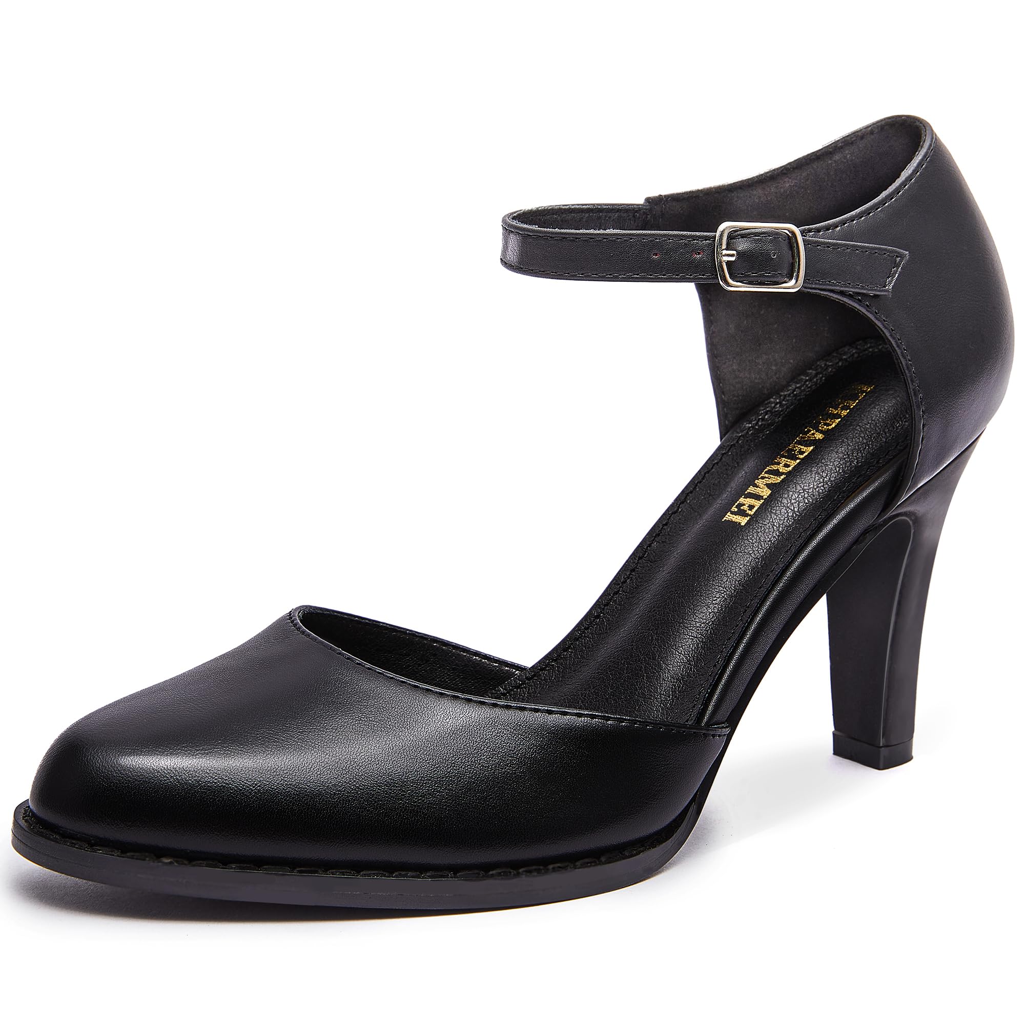 Womens Pumps Chunky High Heels 3.54 Inch Closed Pointed Toe Ankle Strap Vintage Party Wedding D'Orsay Dress Shoes