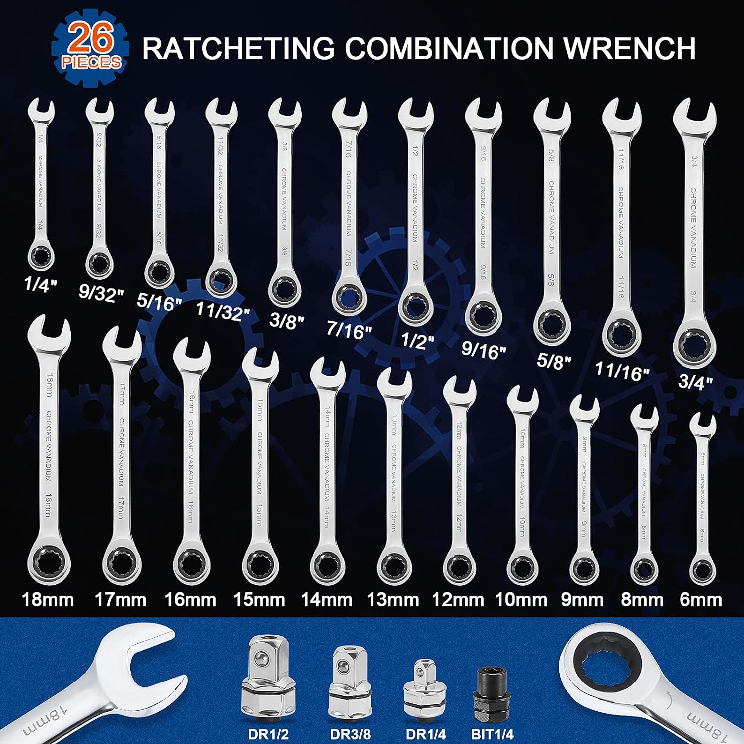 Top Brands SORAKO Ratcheting Combination Wrench Set, 26-piece SAE Metric Ratchet Wrench Kit with Bit&Socket Adapter, 1/4″ - 3/4″ , 6-18mm, Chrome Vanadium Steel Wrench Set with Carrying Bag