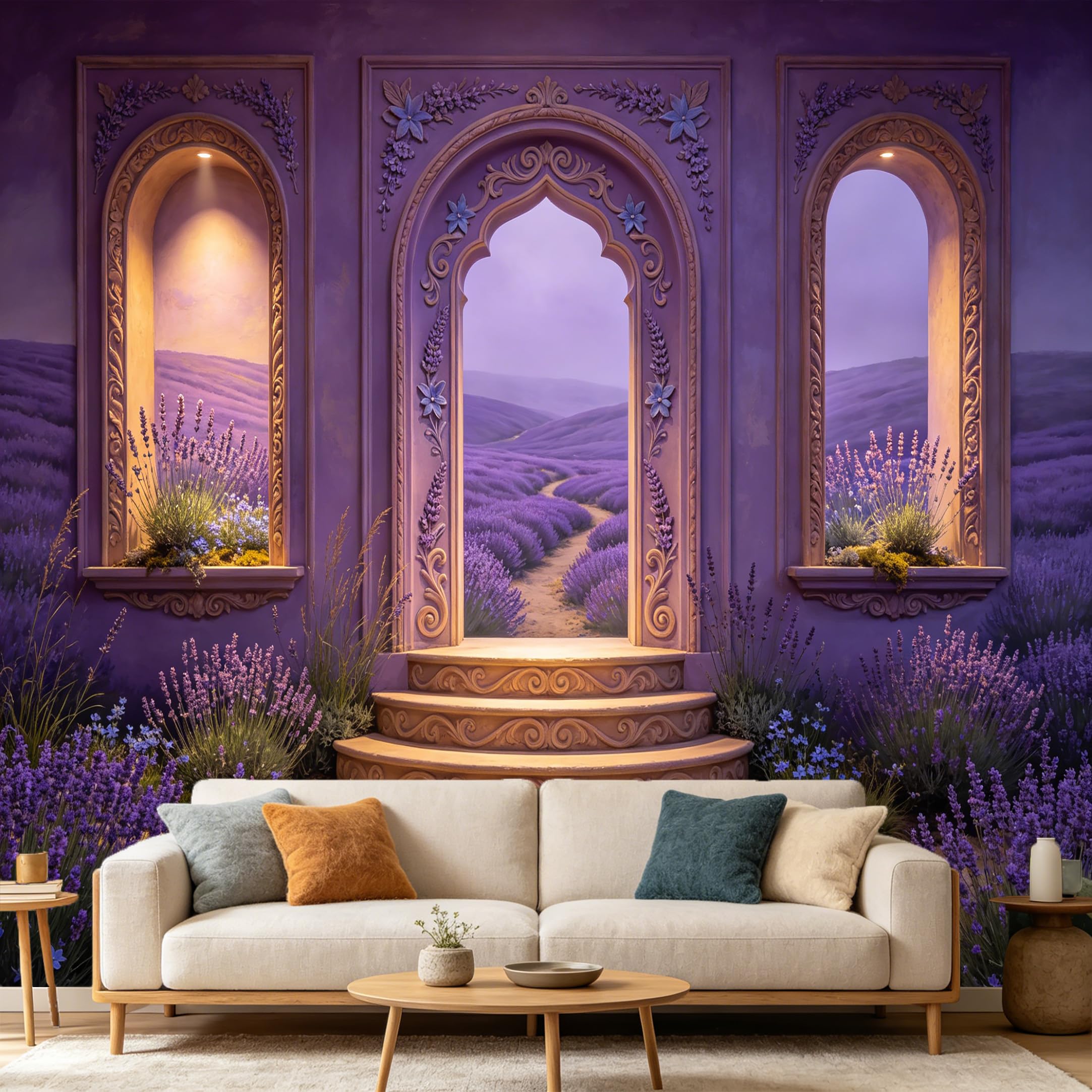Custom Size Wall Mural， 3D Trompe L'Oeil Provence Lavender Fields Archway， SelfAdhesive Art Prints wall Fabric Removable Large Wallpaper Home Living Room Decor