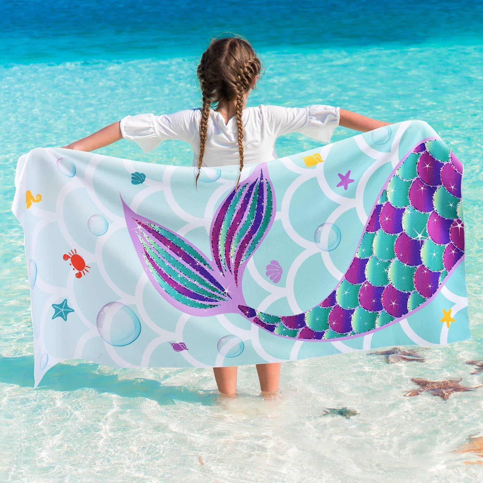 WERNNSAI Meerjungfrau Strandtuch für Mädchen, 76 X 150 cm Handtuch Kinder