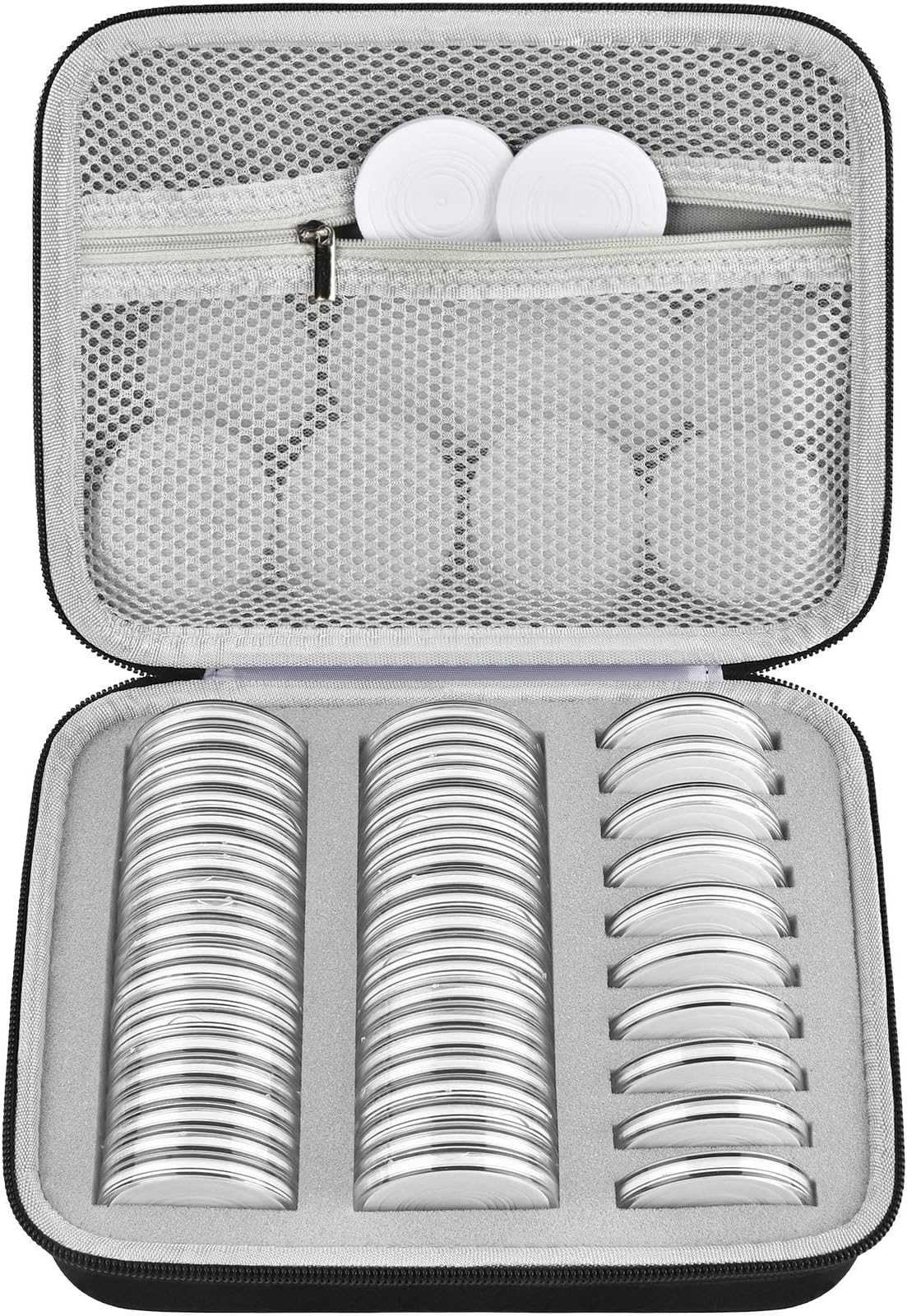GWCASE 52 Pieces 46mm Coin Capsules with 6 Sizes (20/25/ 27/30/ 38/ 46mm), Collector Case with Foam Gasket and Storage Organizer for Coin Collection Supplies (Box Only) - Grey Inner