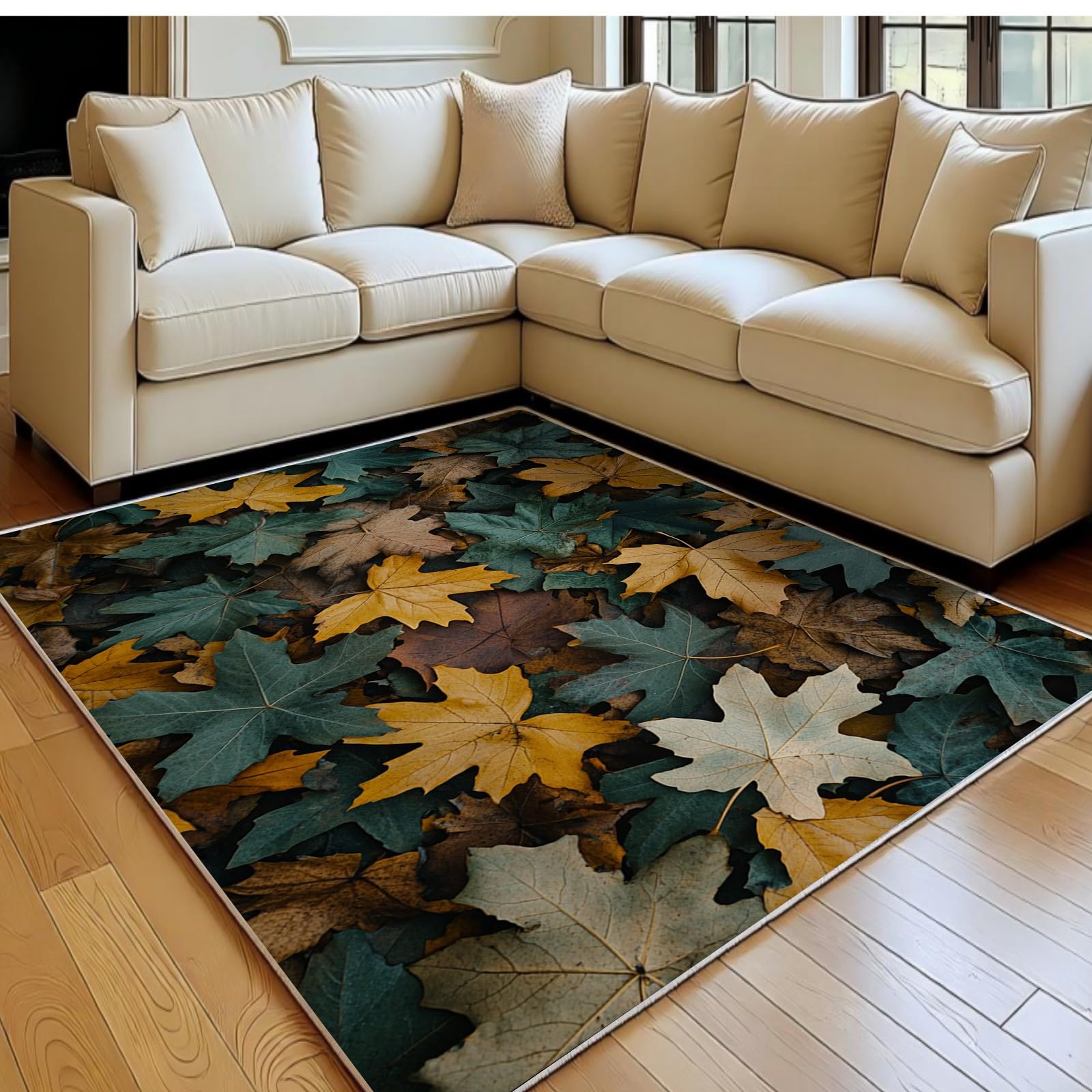 Tapis de chambre vert clair au motif feuilles mortes pour une ambiance cosy