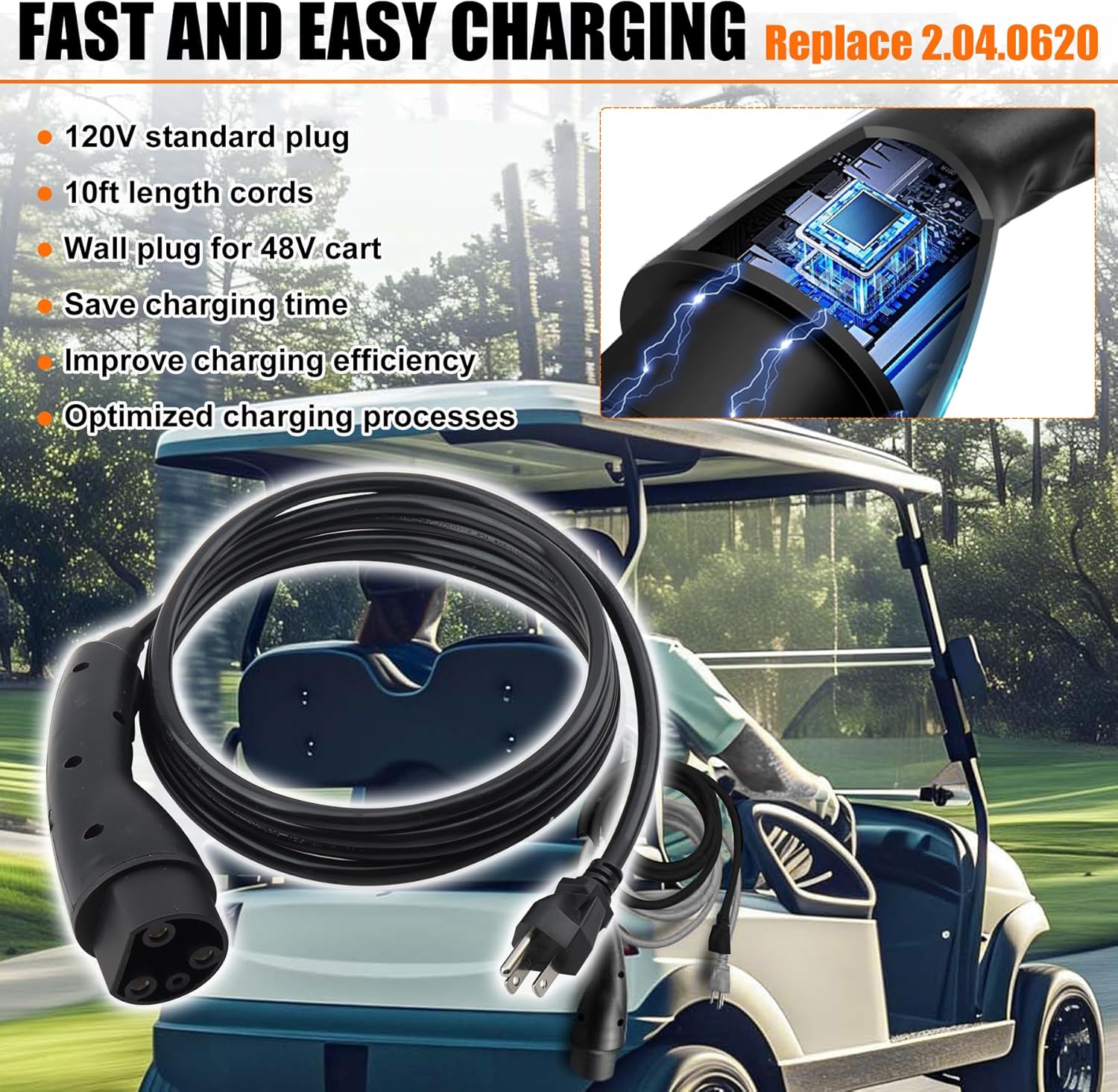 2.04.0620 Black Charging Power Cord Fits for Evolution Golf Carts 120V 3 Pin Golf Cart Charger Power Cord
