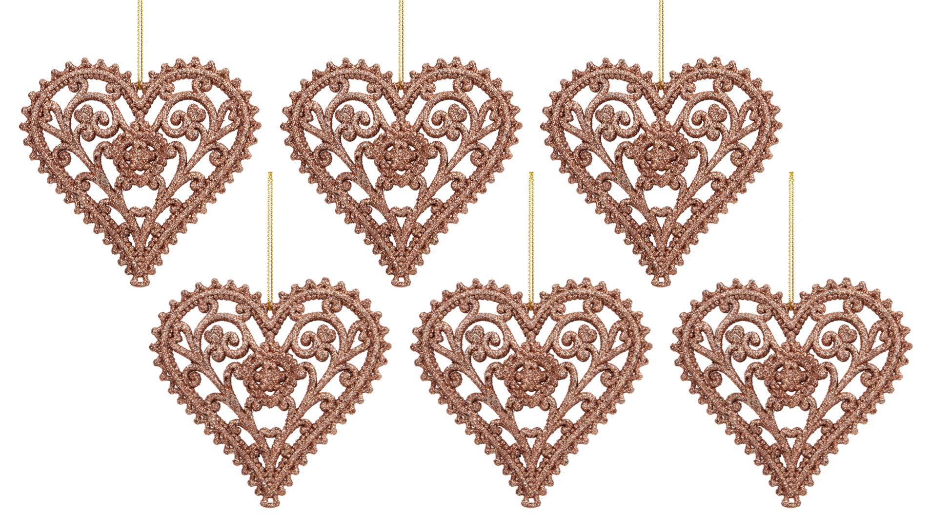 BWG 6 x Glitter Filigree Love Hearts Christmas Tree Baubles Decorations - Rose Gold
