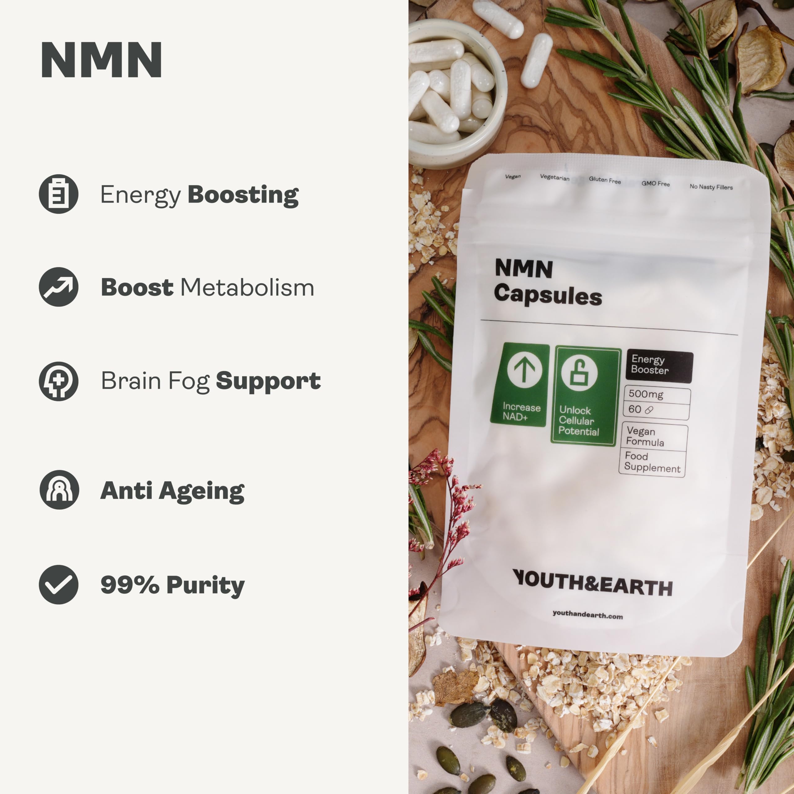 Youth & Earth Suplemento NMN NAD+, 250 mg, 60 Cápsulas | Apoyo Energético Y Metabólico, Fórmula Vegetal De Alta Pureza, Sin Gluten, Azúcar Ni Lactosa, Sin OGM, 1 Al Día