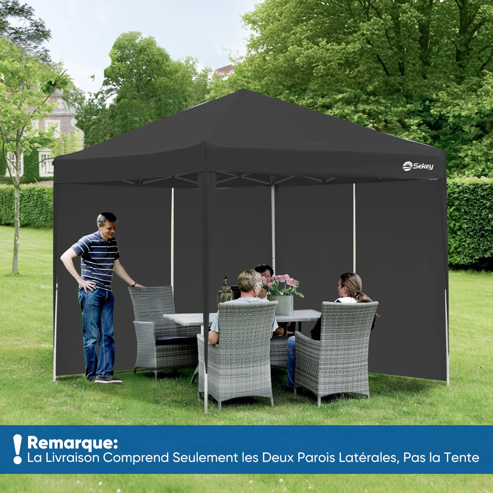 Sekey Lot de 2 parois latérales pour tonnelle, 3 x 3 m, imperméables, résistantes à l'hiver, parois latérales, pour tonnelle, Tente de fête, Tente de Jardin, 2 Portes, Noires