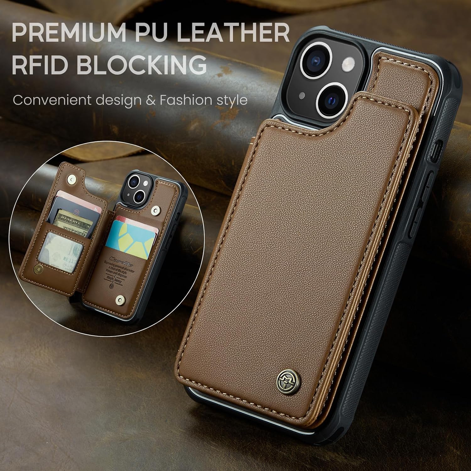 for iPhone 15 Wallet Case with Card Holder, Stand, RFID Blocking, Durable Shockproof Case for iPhone 15 ，Suitable for Men and Women Brown