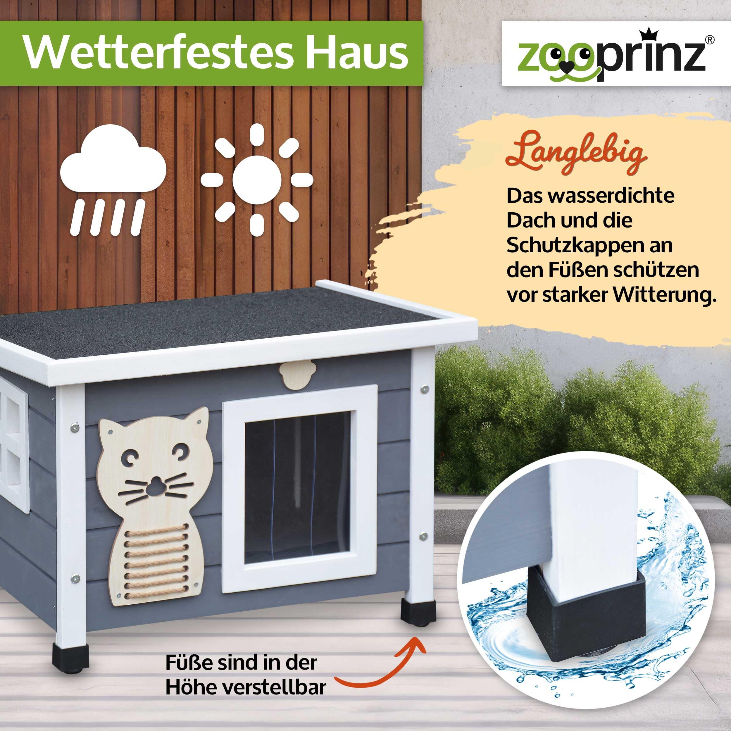 zooprinz Holz Katzenhaus – Katzenkiste mit Schwingtür, Grau-Weiß | Katzenbox mit Dach zum Öffnen, Fenster, Sisalband und Schwingtür – wetterfeste Hütte für Garten, Balkon, innen & draußen