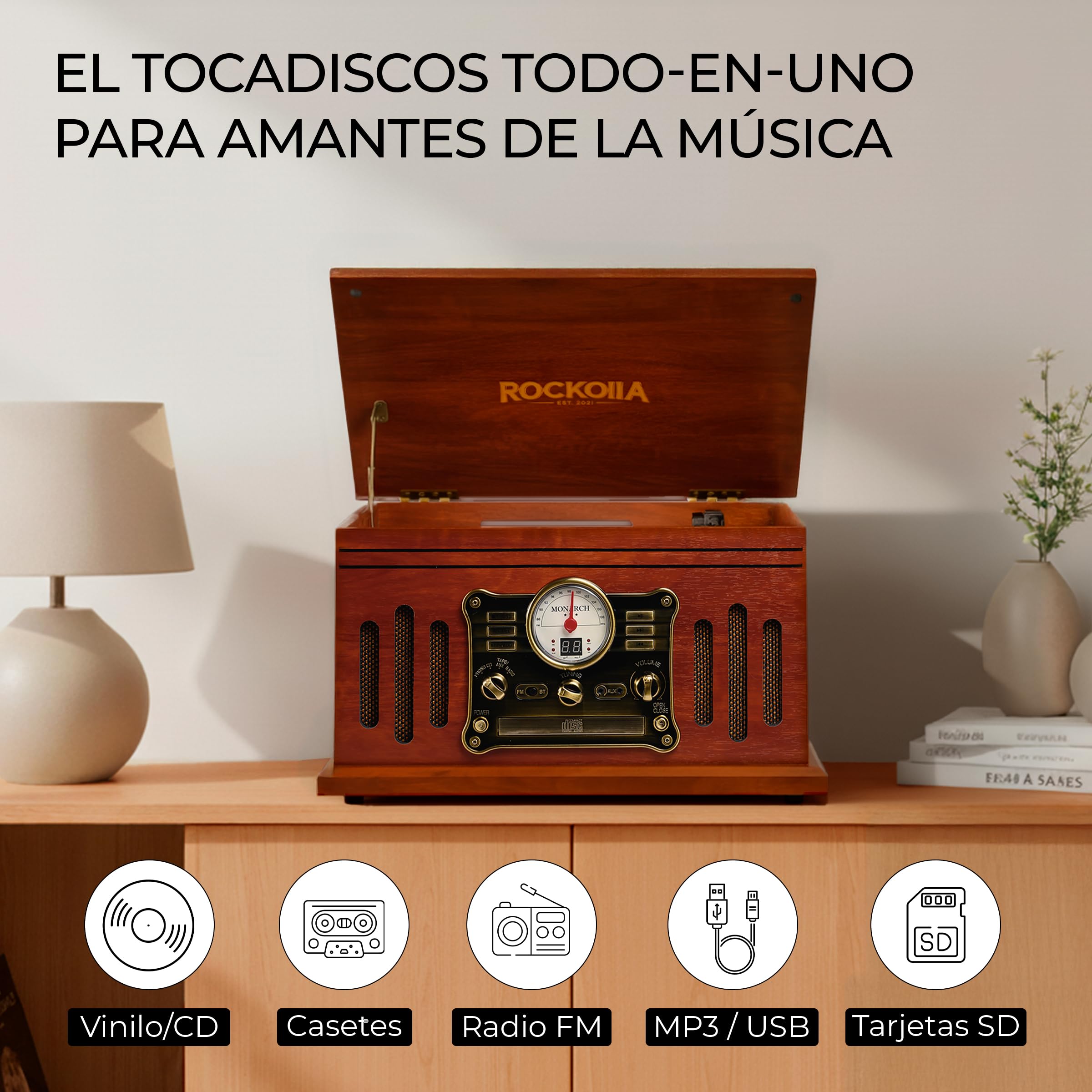 Tocadiscos Retro Bluetooth de Vinilo, Altavoces Estéreo【33/45/78 RPM】 Giradiscos Vintage | Radio FM, Cassette, CD, MP3, USB, SD, Grabadora | Salida RCA/Aux In (Monarch)