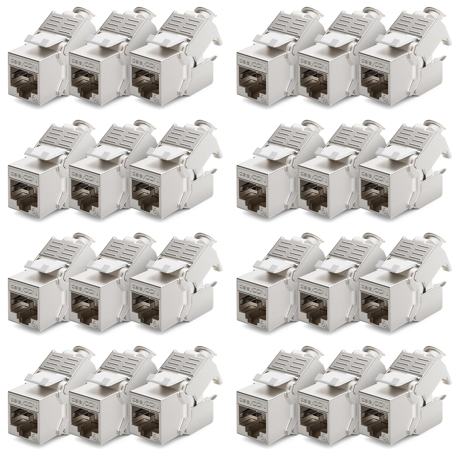 deleyCON 24x CAT6a Módulo de Clavija Keystone Cable de Conexión Cable de Red Conector STP Apantallamiento RJ45 Toma de Red Panel de Conexión Soporte Keystone Extensión