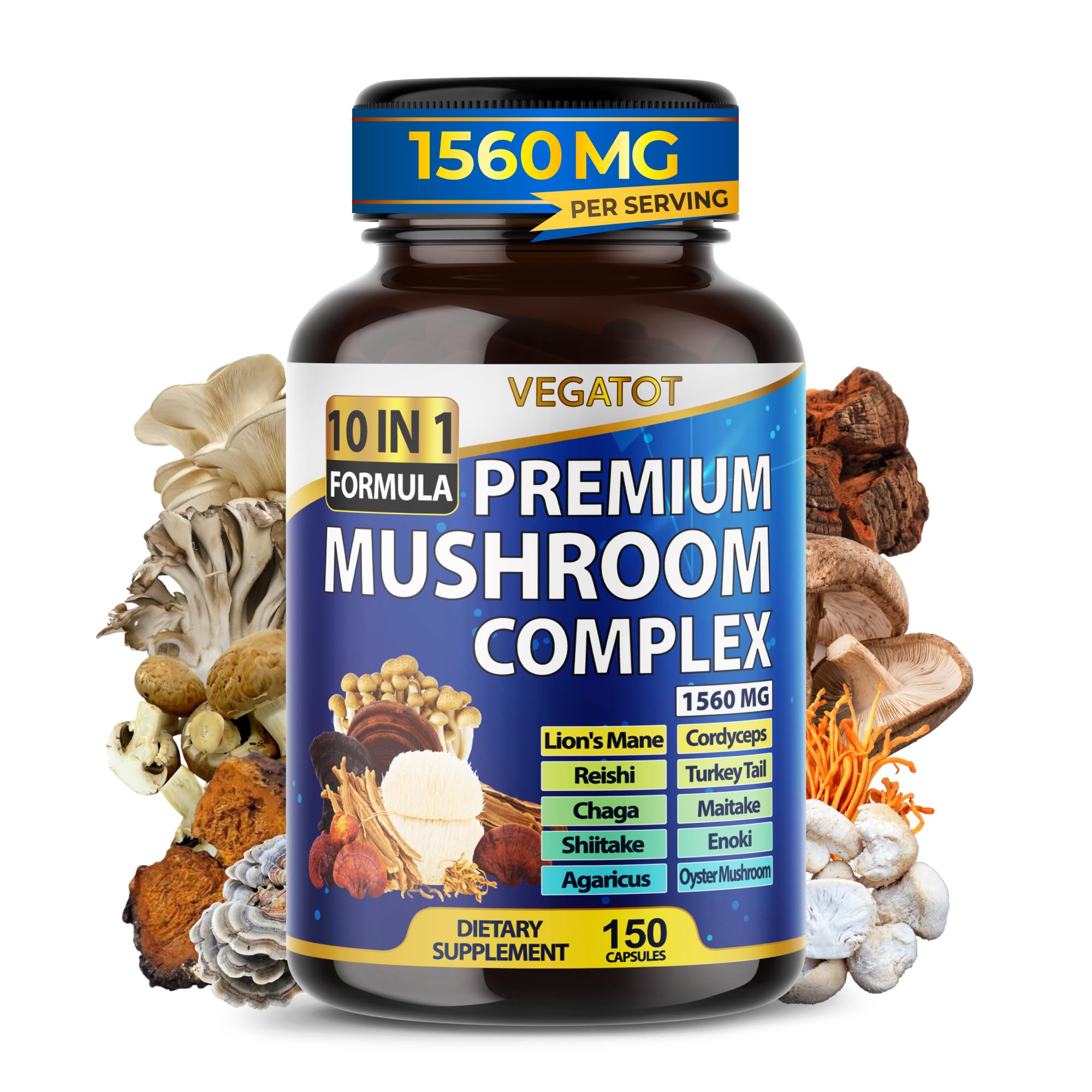 Mushroom Complex 1560mg Lion's Mane & Cordyceps for Brain & Focus, 150 Ct