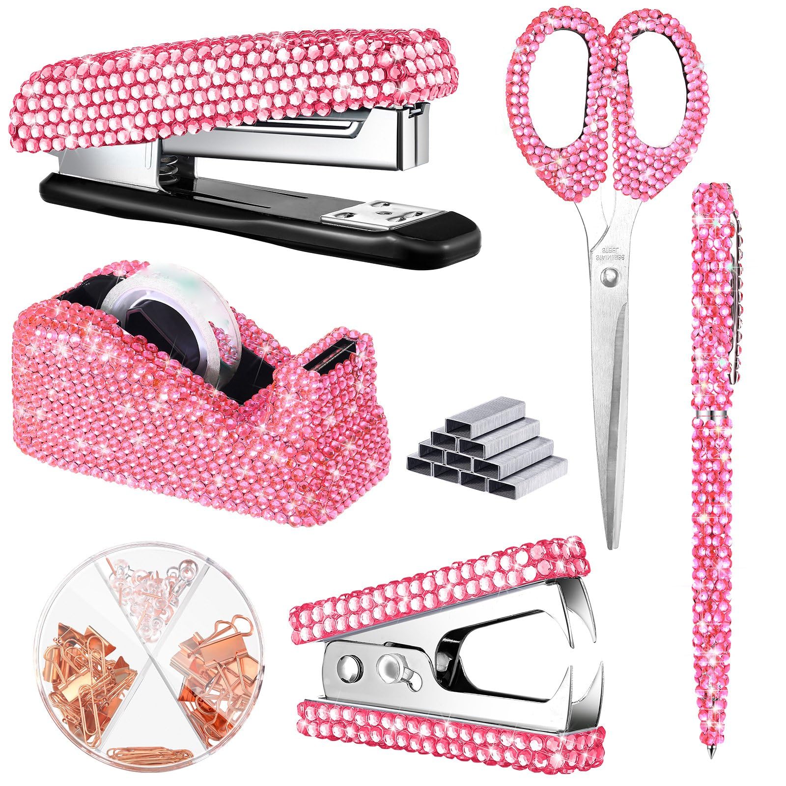 Bling Büro-Schreibtisch-Zubehör-Set, Kristall-Schul-Schreibwaren-Set, Schere, Hefter mit Heftklammer, Klebebandspender, Diamantstift, Klammerentferner, Binder-Clips, Büroklammern, Reißzwecken für