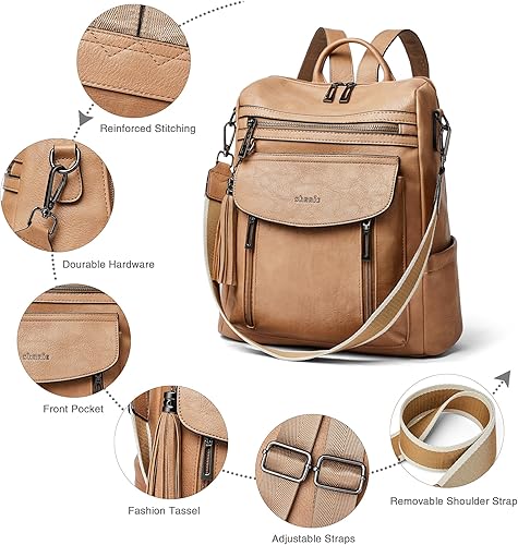 Miniatura 5 de Shrrie Mochila para mujer, mochila de cuero a la moda, bolso de viaje de diseño, bolsa de hombro, 2-1 marrón camel bicolor, Mochilas de viaje
