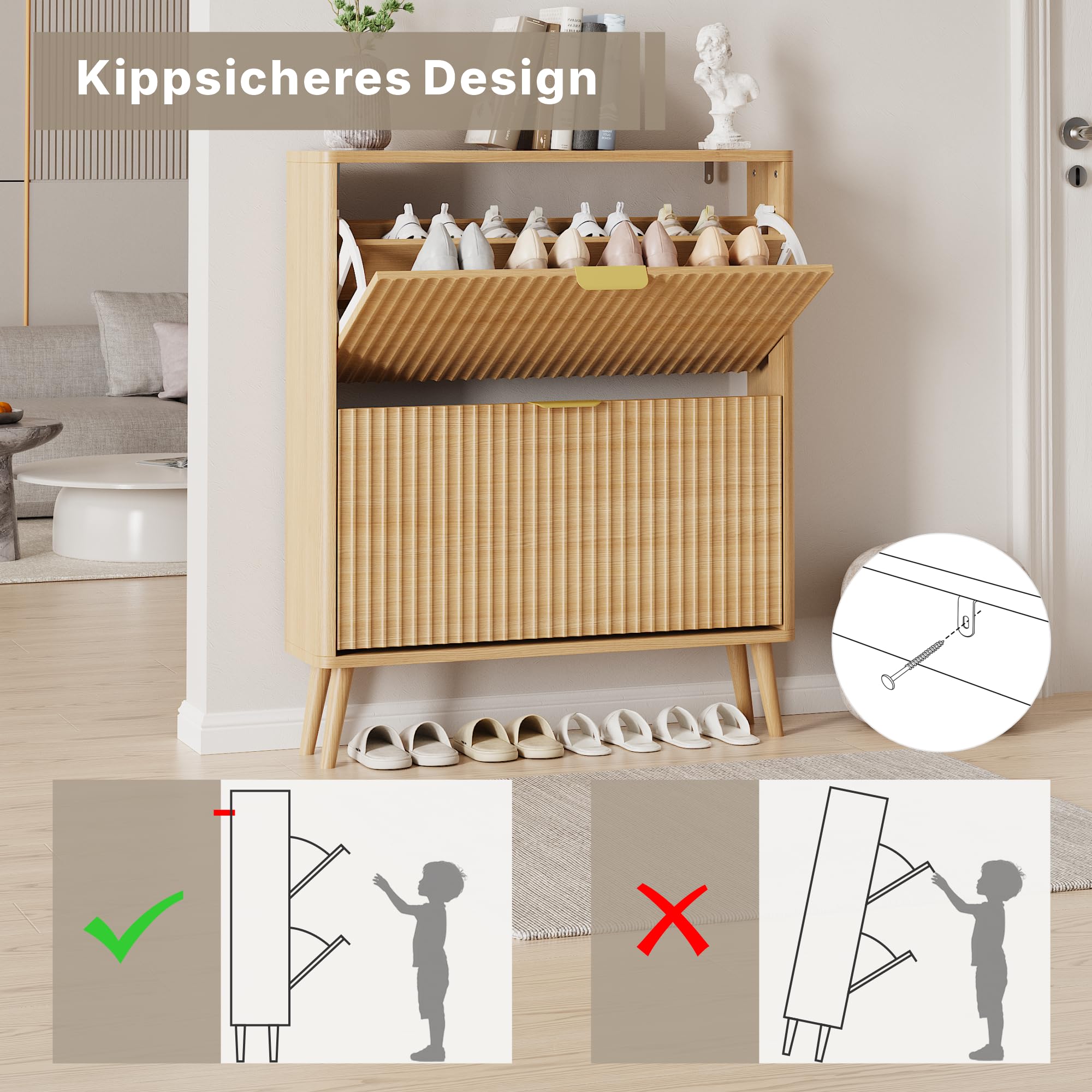 Schuhschrank, Schuhkipper mit 2 Klappen, Schuhregal Schmal, versteckte Schuhaufbewahrung, Schuhschrank Holz für Eingangsbereich, Flur (Natürliche Farbe)