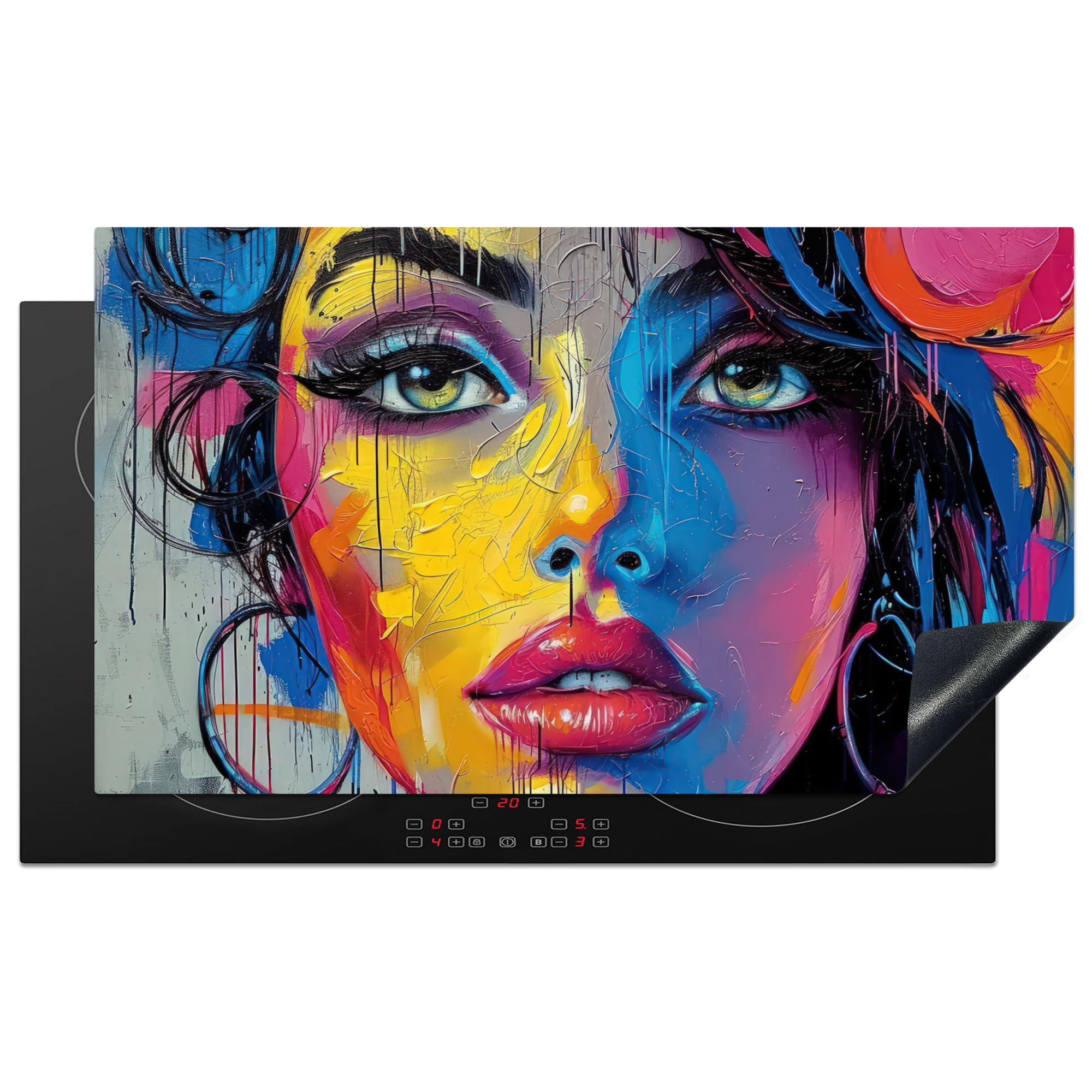 KitchenYeah© Induction Hob Protector Mat 20.5"x35.9" / 91.2x52 cm Cooker Top Protectors Cover Ceramic Covers Electric Hobs Vinyl Graffiti - Woman - Colourful - Street Art - Pop Art