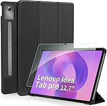 CACOE Funda para Lenovo Idea Tab Pro 12,7 Pulgadas 2025, Cuero Ultrafino con Vidrio Templado Ultrafino, Capa para Lenovo Idea Tab Pro con Función Soporte y Suspensión / Activación, Negro