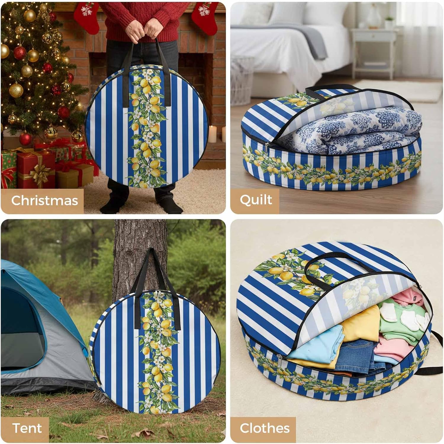 Storage Bag Lemon Blue Stripes Round Storage Totes Bins Closet Organizers with Zippers & Handle Floral Fruit Leaves Clothes Storage Container for Bedroom Dorm Space Saving Packing Supplies Moving Bags