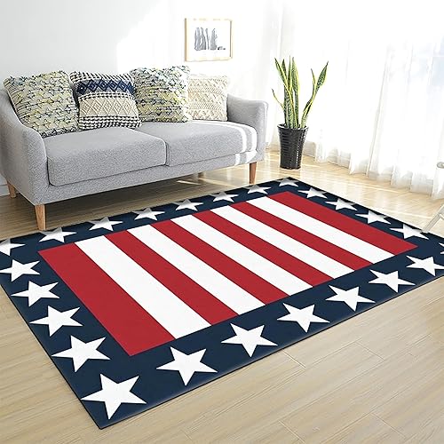 LHOMKCV Alfombra de área del Día Patriótico Americano, 5 x 6 pies, alfombra moderna geométrica y de retazos de estrellas, tapete de diseño de borde,