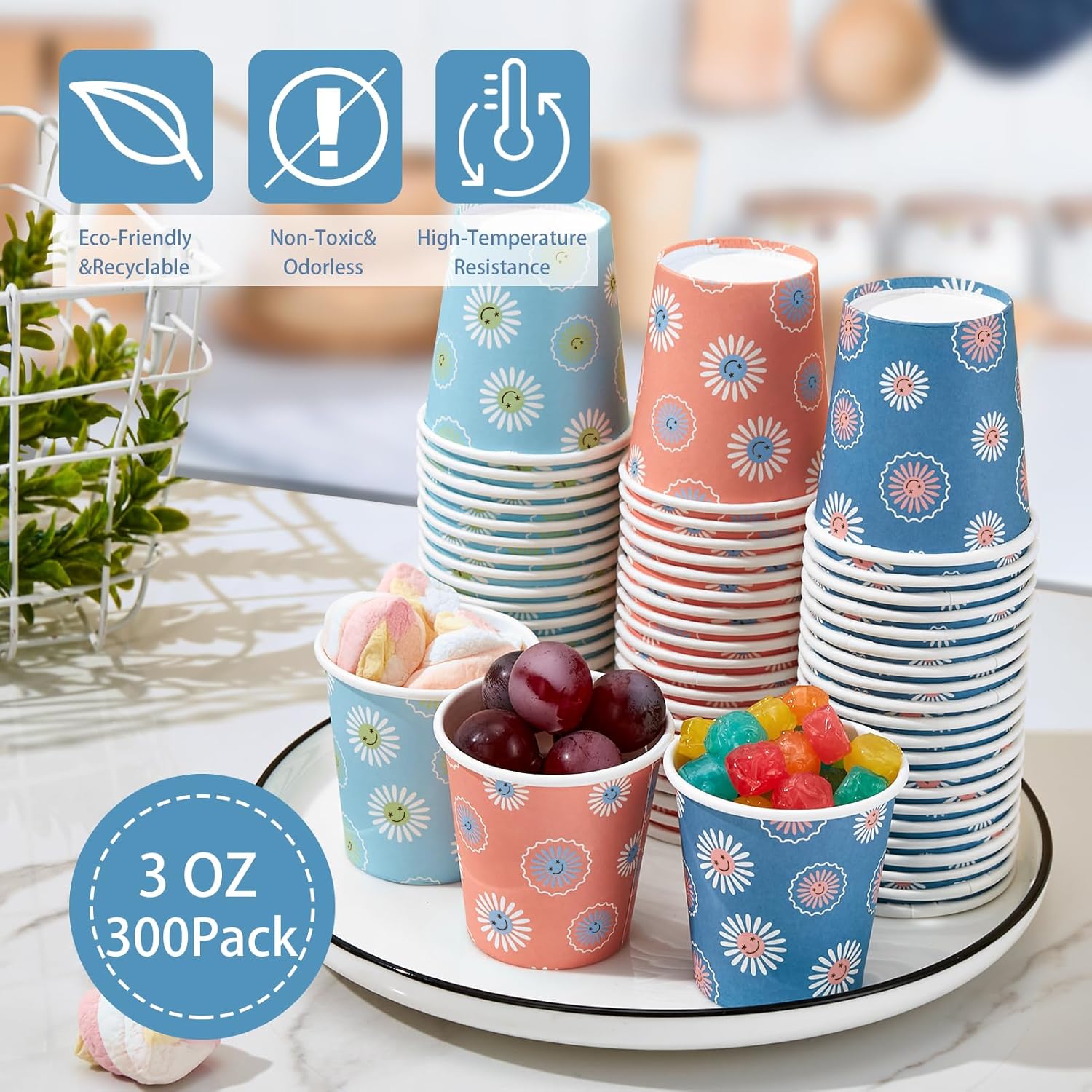 siuq 300 pack 3 oz paper cups, disposable bathroom cups, small mouthwash cup, hot/cold beverage drinking cups, mini paper cups for bathroom, birthday party, travel, events, picnic, bbq (daisy) daisy 3oz-300 pack