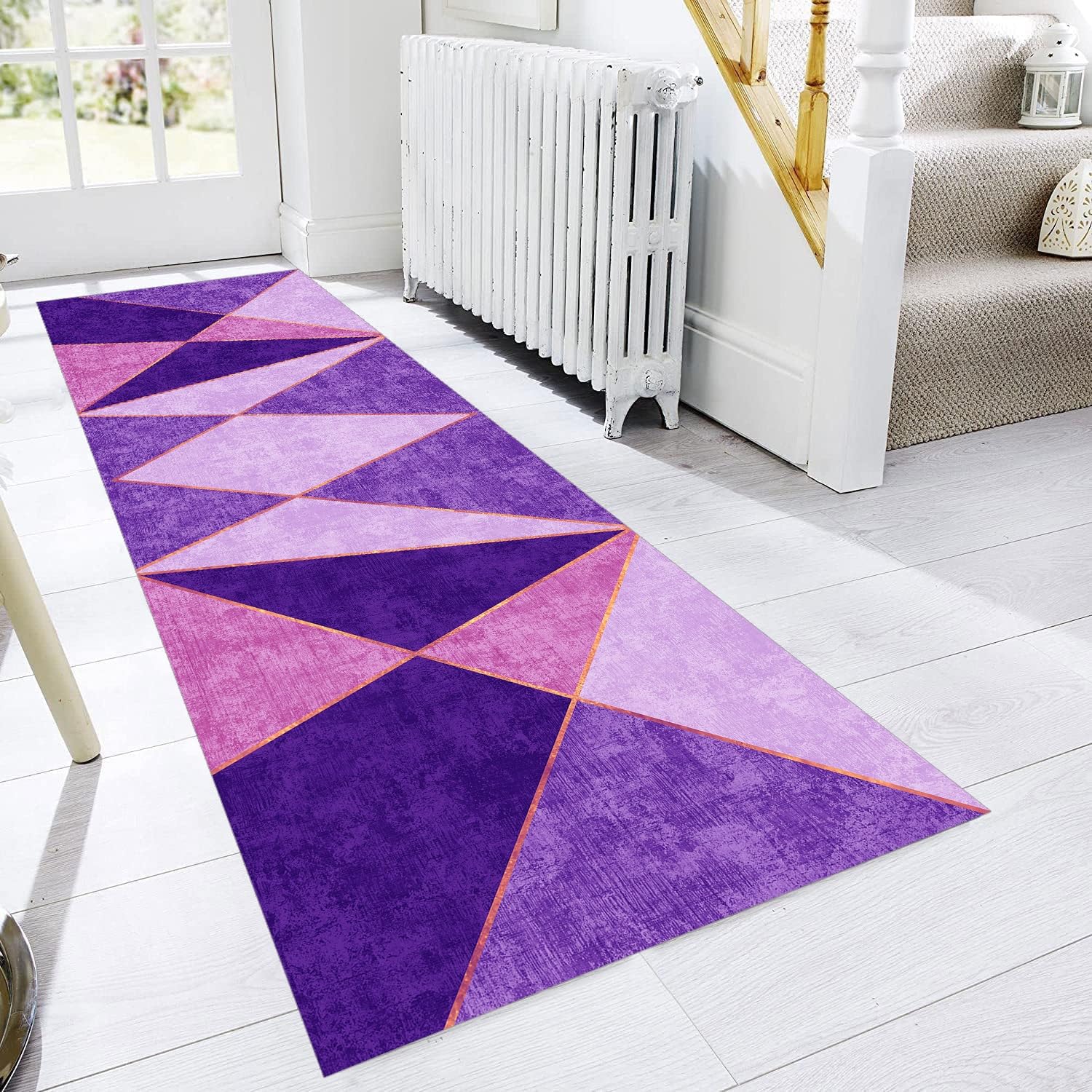 Tapis de couloir long - Rose - Violet - Antidérapant - Lavable - Design moderne - 80 x 450 cm - Tapis de cuisine au mètre - Pour salle à manger, chambre à coucher, salon