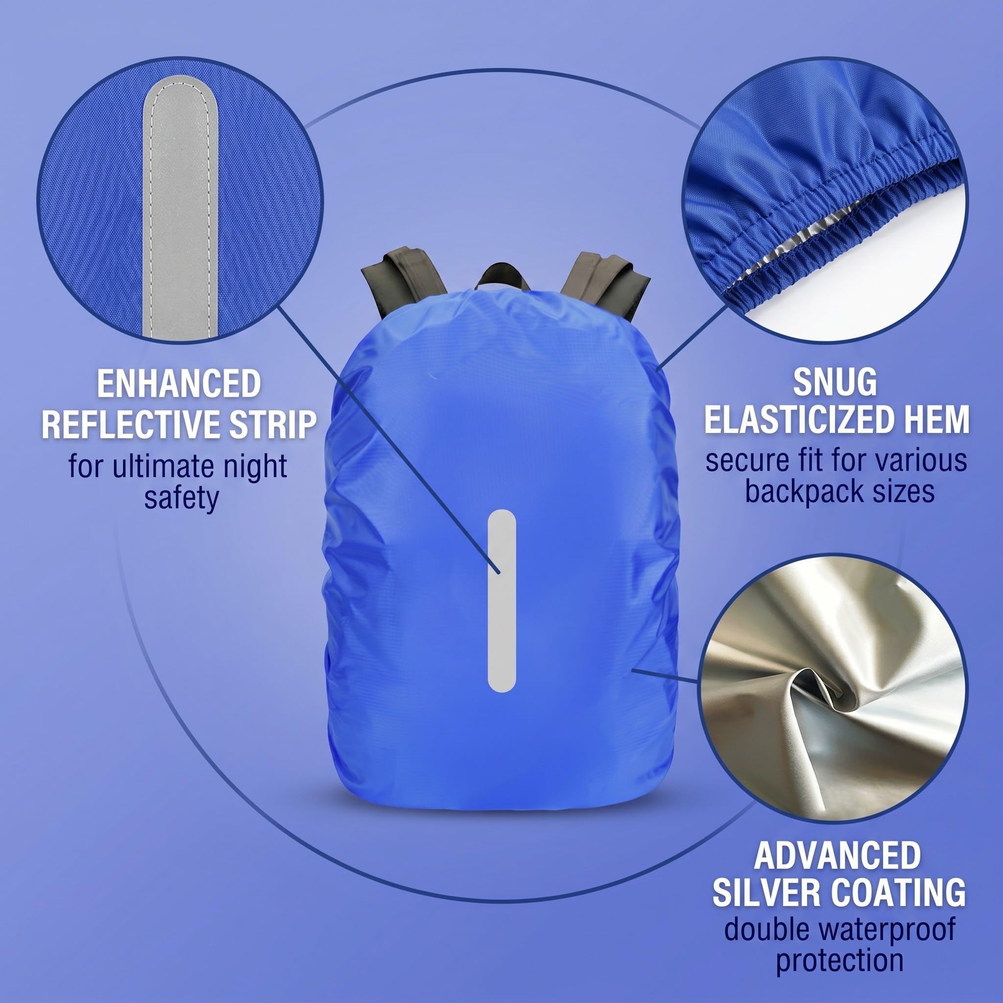 Coprizaino Antipioggia Impermeabile 40-50L con Strisce Riflettenti per Trekking Escursionismo Campeggio, 2 Pezzi Blu e Viola