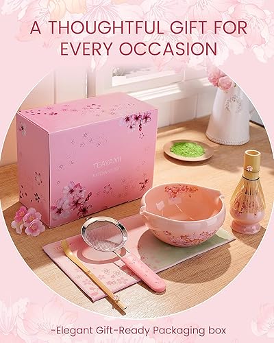 Miniatura 6 de Juego de batidor de matcha, juego de 6 piezas de cerezo rosa con cuenco de doble boquilla, innovador mango de tamiz, batidor y cuchara de bambú