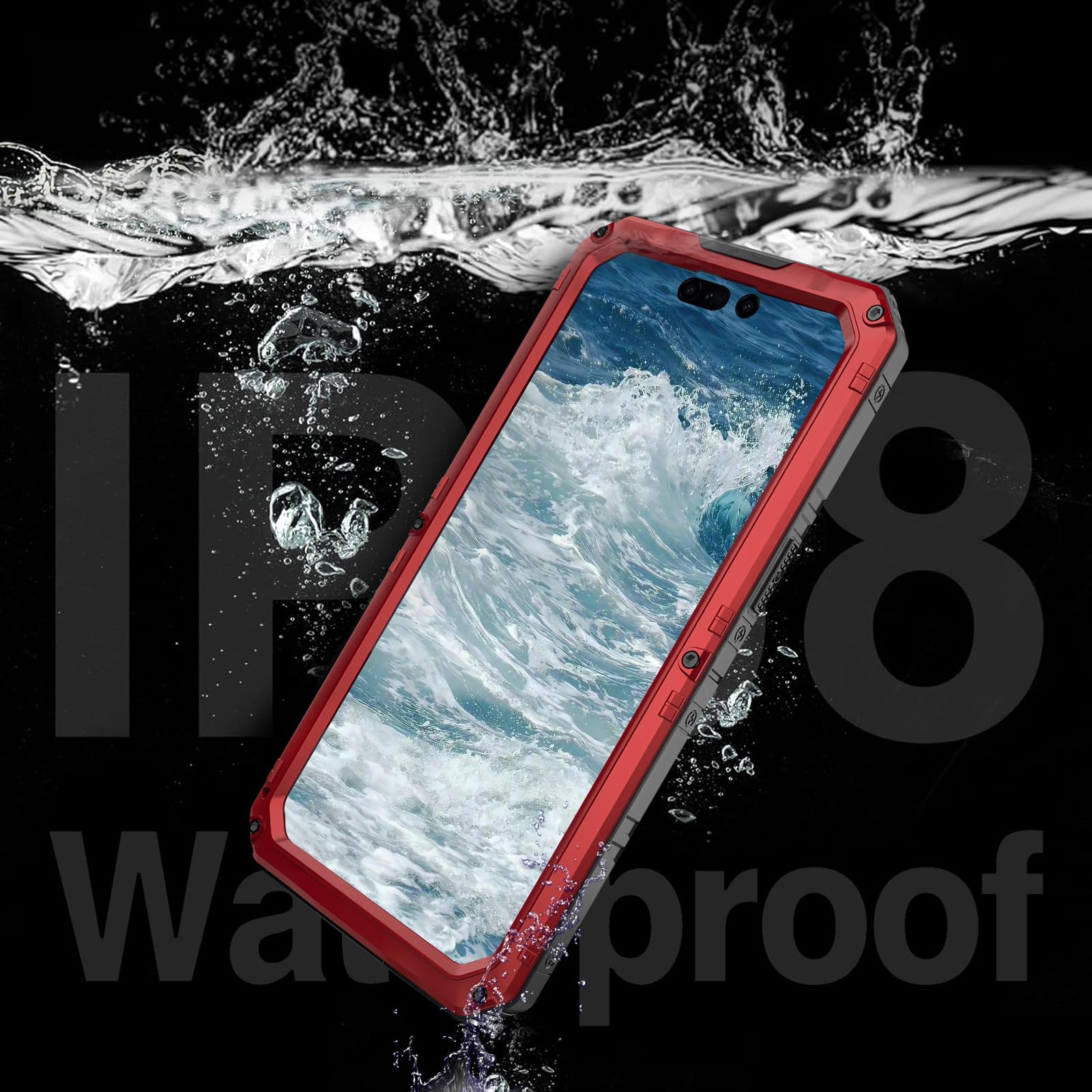 Custodia impermeabile per iPhone 15 Pro Max, custodia protettiva integrale in metallo resistente, antiurto, antipolvere, robusta, di grado militare, per iPhone 15 Pro Max, rosso