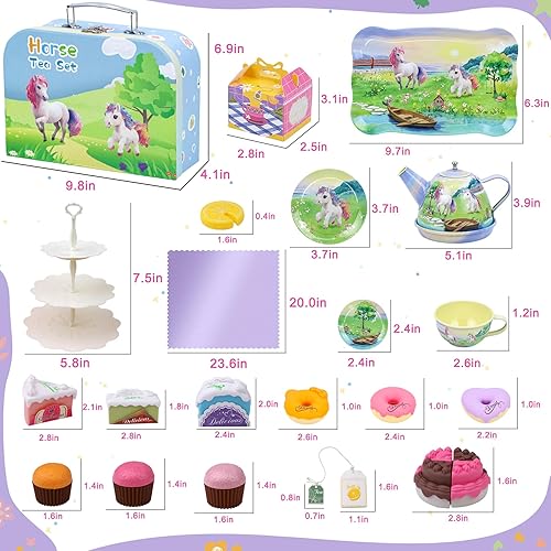 Miniatura 5 de Juego de fiesta de té para niñas pequeñas, 50 piezas, princesa, caballo, tiempo de té, juguete que incluye golosinas para jugar, bandeja de tetera