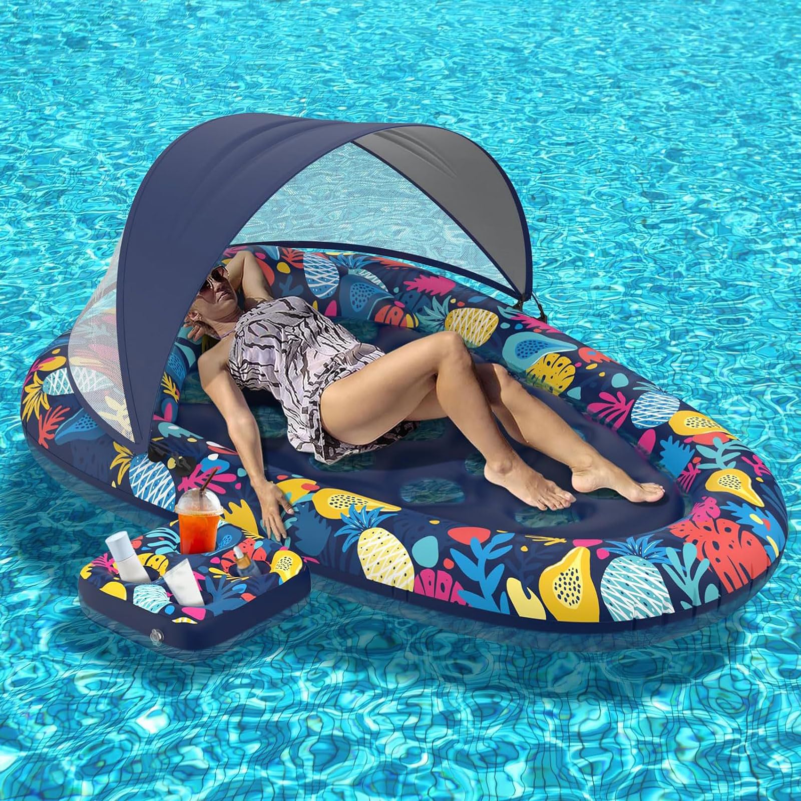 Colchoneta Piscina Adultos 185 * 120cm,Colchoneta Hinchable Piscina,Hinchables para Piscina,con Toldo de Sombra Desmontable,Portabebidas,Hamaca Flotante,para Adultos,Playa,Lago y Verano