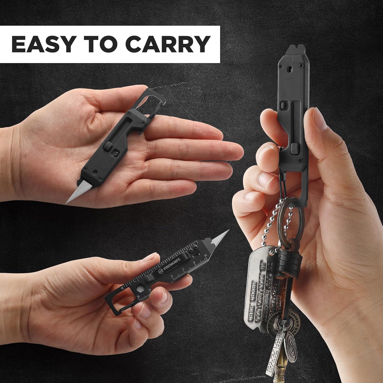 VIRENKNIFE Mini Utility Knife Keychain Multitool，12-in-1 EDC Multitool with Screwdriver，Pry Bar，Carabiner, Bottle Opener，Retractable Razor Blade,Mini EDC Knives for Everyday Carry（Black）