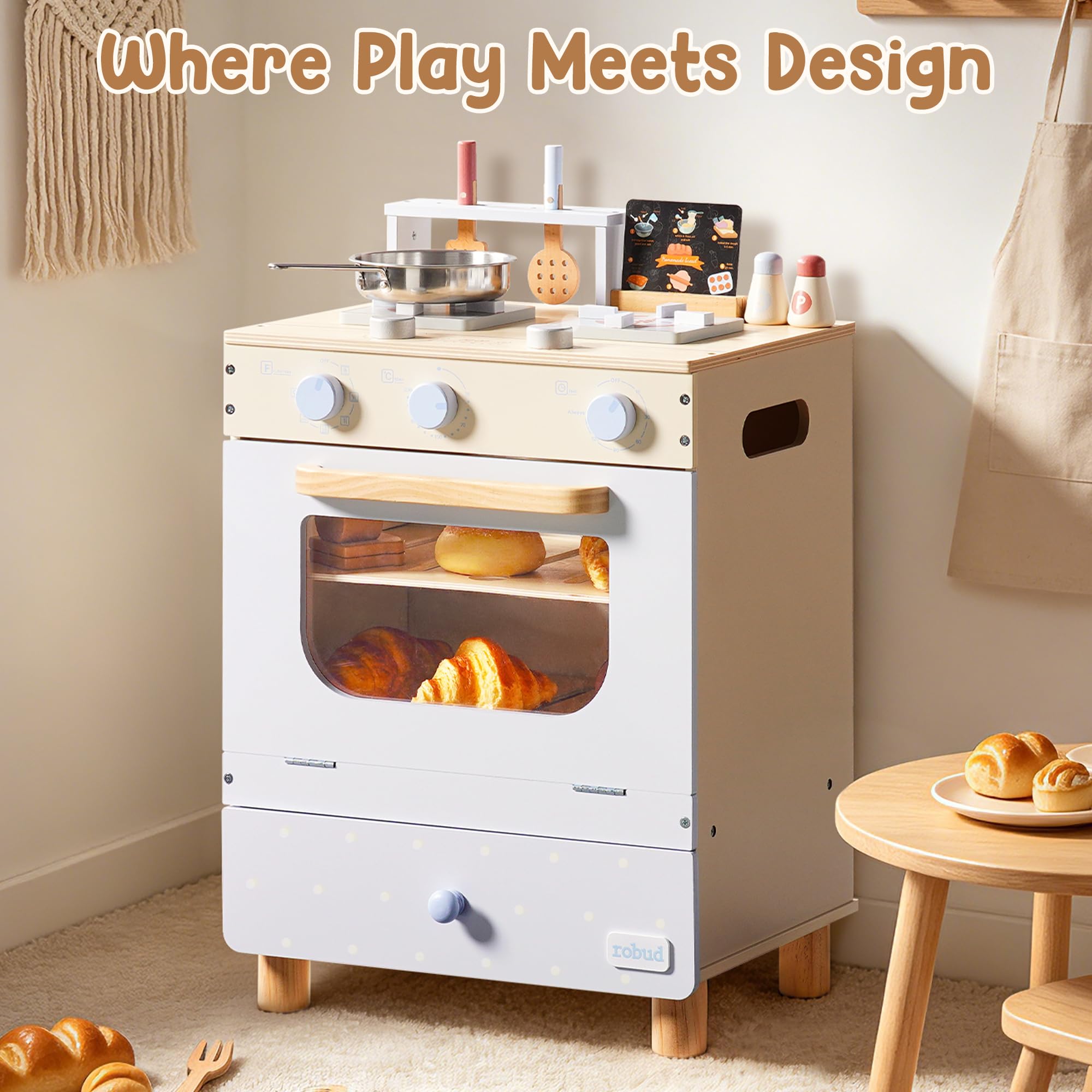 ROBUD Cucina da gioco in legno per bambini, set da cucina con forno giocattolo, fornelli, utensili, biglietti di ricette e pentole, set da cucina per bambini dai 3 anni in su