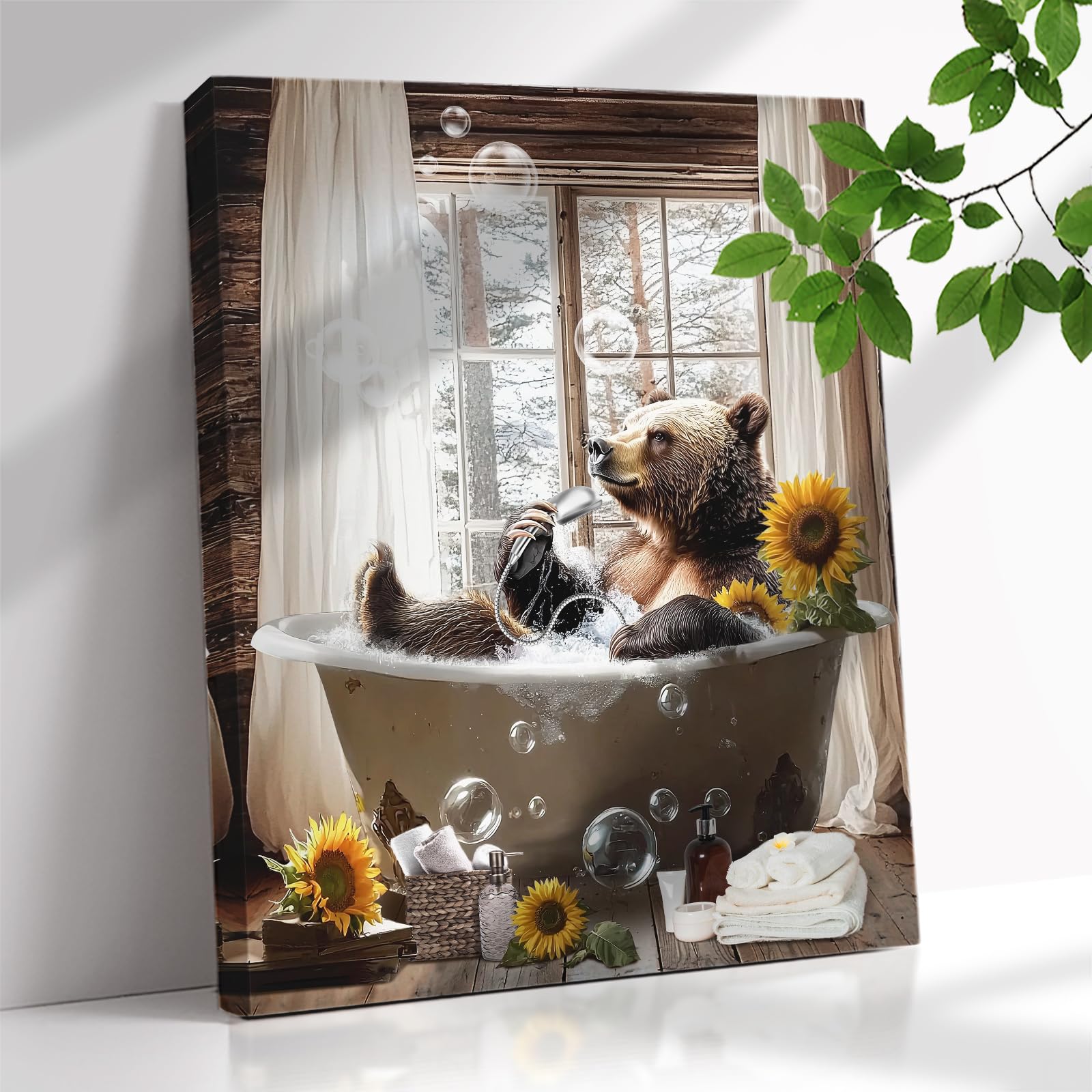 Funny Bear Bathroom Wall Art Funny Animal Prints Brown Bear Pictures Wall Decor Farmhouse Rustic Animals Canvas Painting Framed Artwork for Toilet