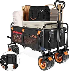 Highpro Carrinho de praia dobrável resistente com capacidade extra grande de 150 L, freios de bloqueio de 360°, tecido impermeável e 6 bolsos de armazenamento – comporta até 145 kg para acampamento,