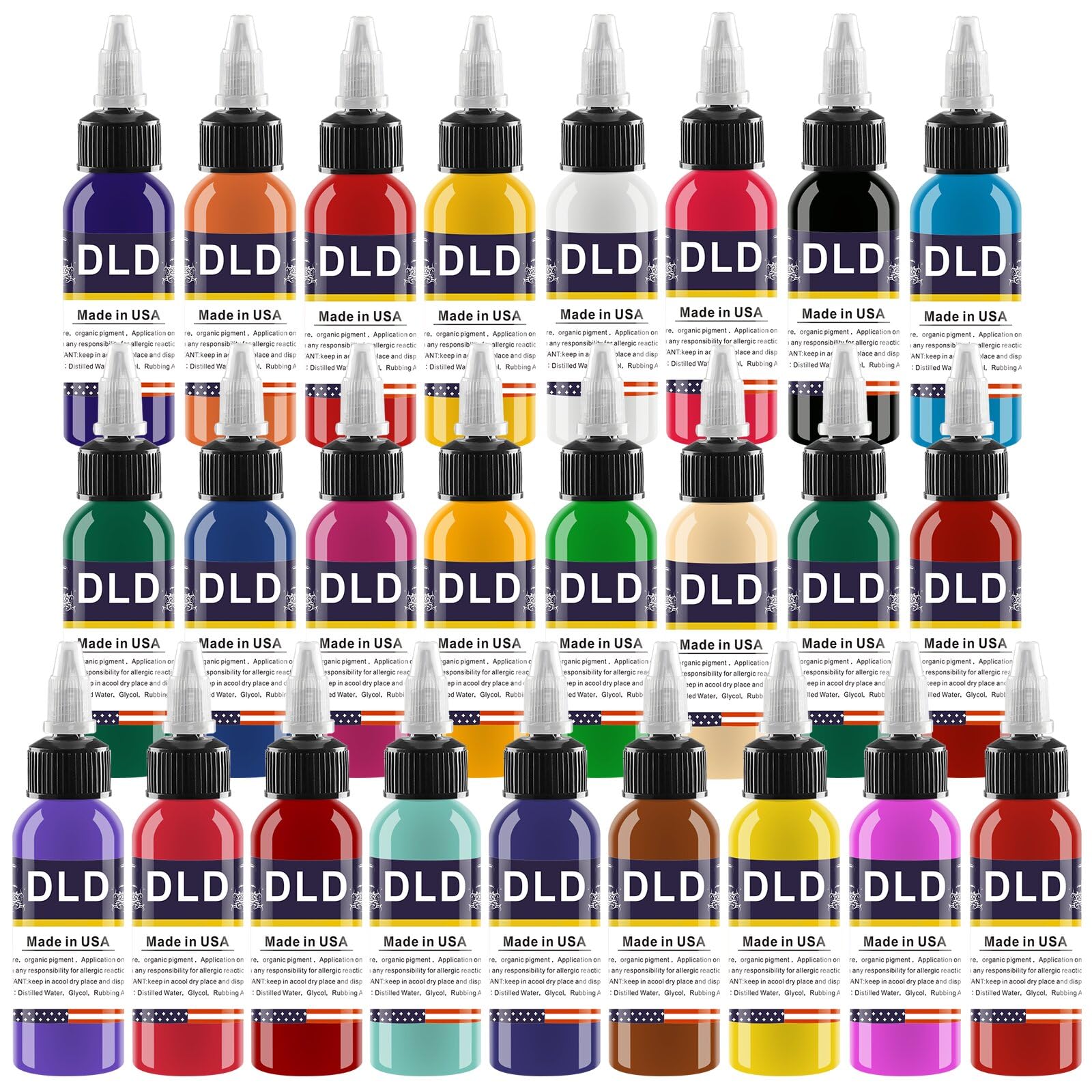 DLD Zestaw wegańskich atramentów do tatuażu 25 x 15 ml – nietoksyczny, bezpieczny dla skóry, profesjonalny trwały kolorowy pigment do tatuażu (po 14 g)