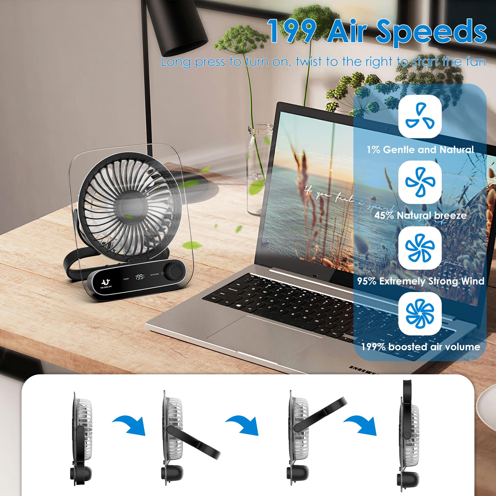 Simpeak Ventilador de Mesa, 199 Velocidades Pequeño Ventilador de Sobremesa Portatil, Batería Recargable por USB de 3000 mAh, Silencioso Fan con LED Luz para Hogar Oficina Camping - Negro